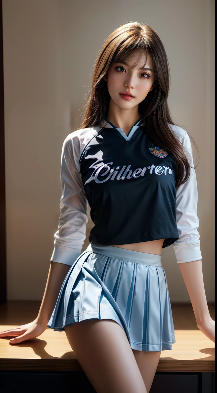 ((sfw)), ((best quality)), ((masterpiece)), ((realistic)), (detailed), , a fun (cheerleader) LittleCaprice, wearing an (detailed cheerleader uniform:1.4), midriff, (detailed skirt:1.4), well lit, dramatic lighting, deep shadows and brilliant highlights, (intense eye contact), gorgeous eyes, seductive devious smirk, beautiful face, (highly detailed face, realistic skin texture), pastel theme, (artistic erotica), high quality, (by arny freytag), (by artgerm:1.2), black short hair, black short hair, black short hair with bangs, short hair, midshot, centered image, ultra detail, extremely face detail, extremely eye detail