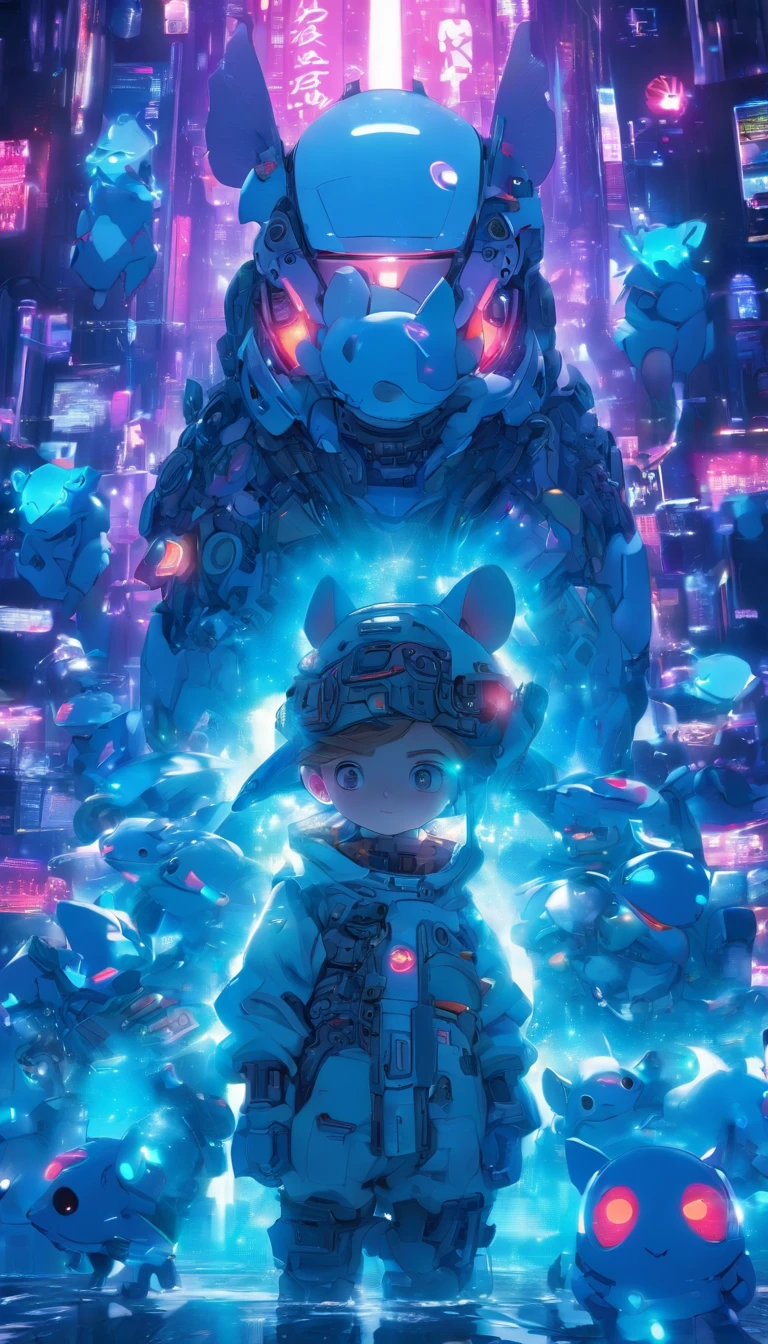 The person in the photo I gave々Using the，Robotic rats, (Blind box toy style:1.2), (Full body shot) , 1 Transparent Boy,Behind him is a transparent and cute robotic mouse, Transparent mech, Exquisite helmet:1.2, Luminous goggles:1.2, Cyberpunk, dreamy glow, bright neon, Clean, White background, ( Global illumination, Ray traching, NFFSW, unreal render,reasonable design, high detal, masutepiece, Best quality, hyper HD, Cinematic lighting)