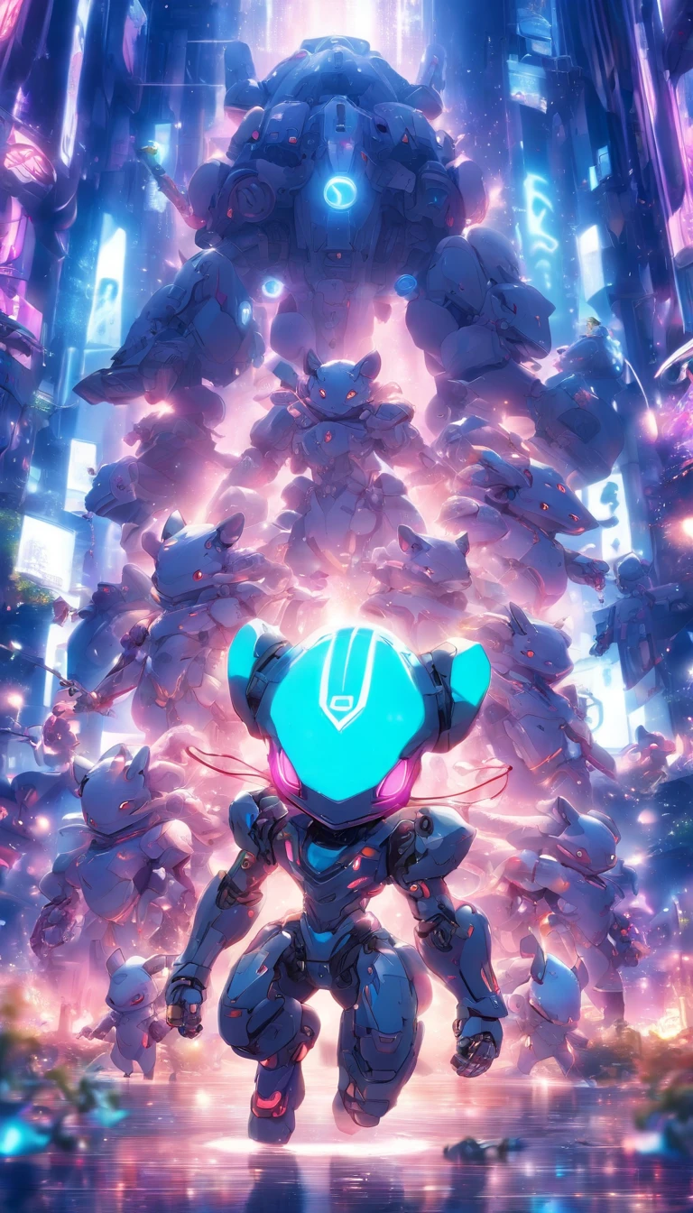 The person in the photo I gave々Using the，Robotic rats, (Blind box toy style:1.2), (Full body shot) , 1 Transparent Boy,Behind him is a transparent and cute robotic mouse, Transparent mech, Exquisite helmet:1.2, Luminous goggles:1.2, Cyberpunk, dreamy glow, bright neon, Clean, White background, ( Global illumination, Ray traching, NFFSW, unreal render,reasonable design, high detal, masutepiece, Best quality, hyper HD, Cinematic lighting)