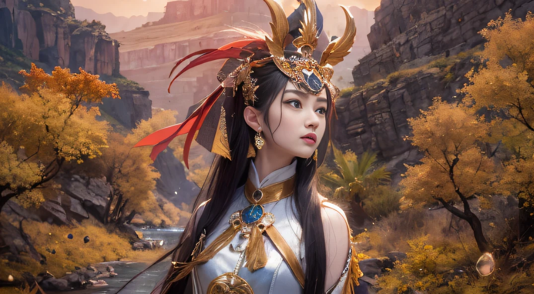 8K（tmasterpiece，k hd，hyper HD，32K）Long flowing black hair，National Canyon Park，Goddess of water control ，Protector of the Dharma（realisticlying：1.8），Flame dragon pattern robe，Pass the pink headdress，The leaves flutter，The canyon background is pure，Hold your head high，Be proud，The nostrils look at people， A high resolution， the detail，autumnal， RAW photogr， Sharp Re， Nikon D850 Film Stock Photo by Jefferies Lee 4 Kodak Portra 400 Camera F1.6 shots, Rich colors, ultra-realistic vivid textures, Dramatic lighting, Unreal Engine Art Station Trend, cinestir 800，Hold your head high，Be proud，The nostrils look at people