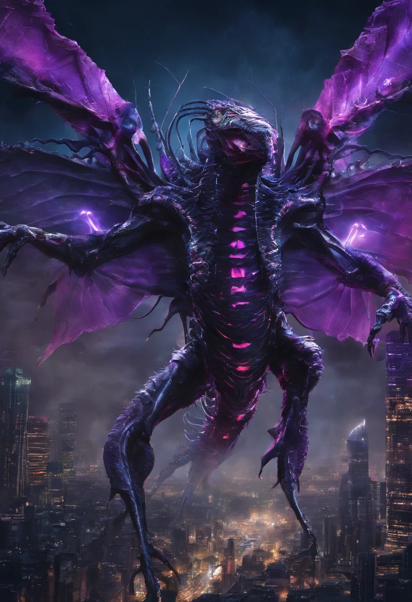 there is a drawing of a creature with a glowing head, male djinn man demon hybrid, insectoid, xenomorfo, Guyver style, depraved cyber demon, cosmic horror entity with wings, male aeromorph, alien god, djinn male man demon, Alien Queen, a hyper-detailed alien, alien creature, male demon