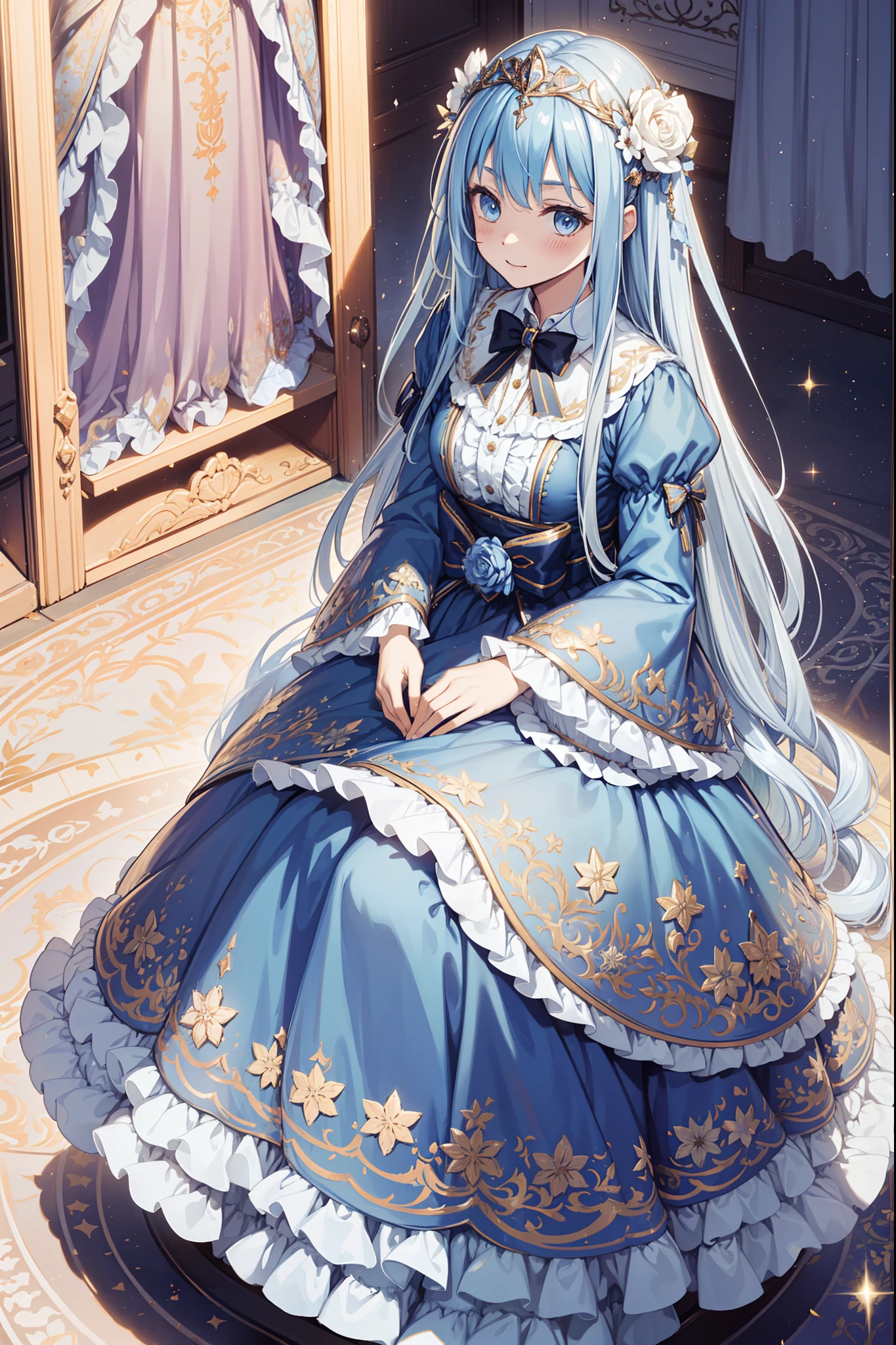 saints，Enchanted，having fun，Being in love，(Light Victorian dress)，silber hair，eBlue eyes，Seductive pose,streaked，Ruffles，Lace，A small amount of color ramp，Pattern，Floral decoration，Fabric headdress，Heavy bow，exquisite costumes，A small amount of transparent clothing，inside in room，solo person,(Dazzle:1.1),(Flowing skirt:1.1)