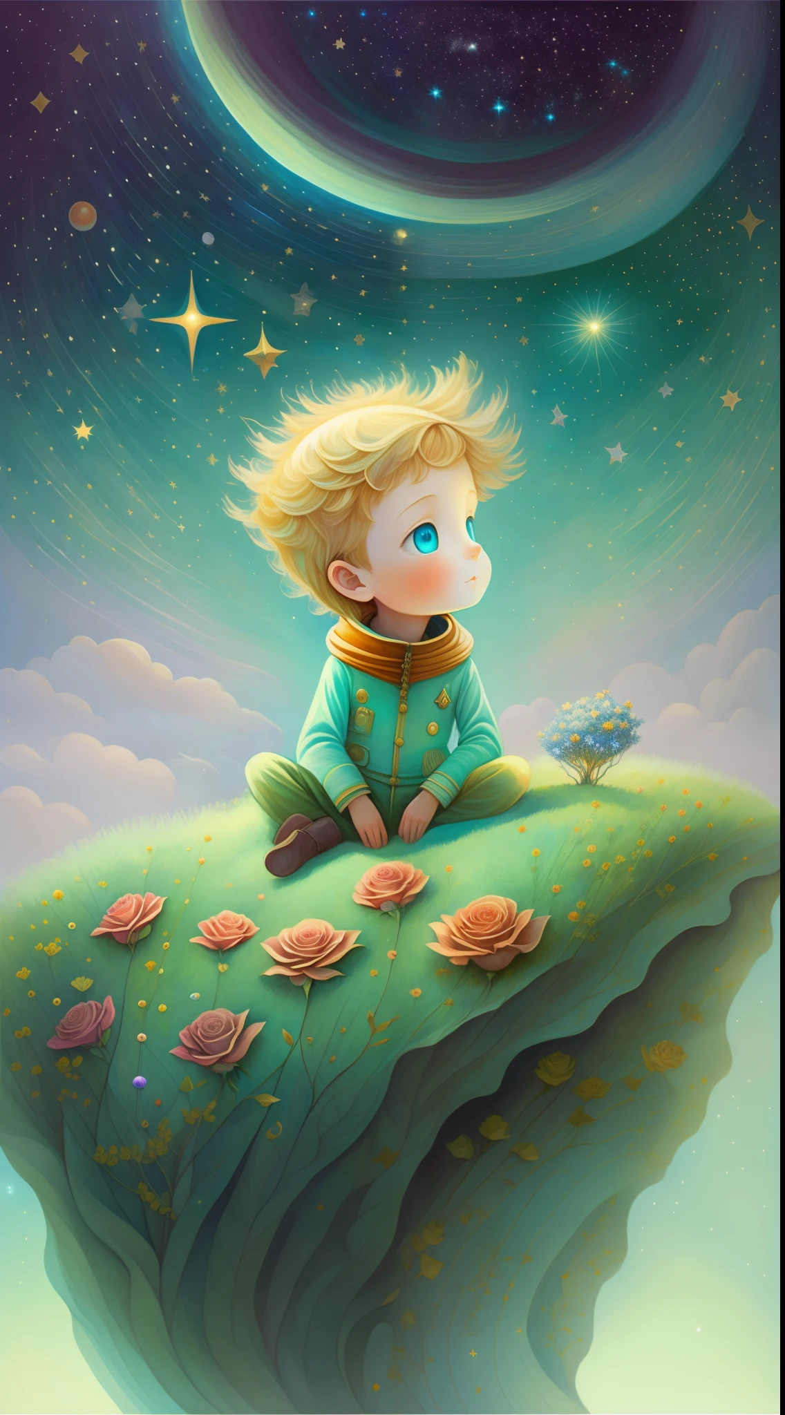 half portrait, Best Quality, Masterpiece, extra high resolution, (foto realista: 2.5), surrealism, dream-like, ((The image of the Little Prince)), hair light, light blue eyes, Starry sky, Next to him sits 1lis, night time, Stars, galaxy, There is also a rose and a planet, Sprouted baobabs , ((The Little Prince)), Fairytale painting, A bright light masterpiece, The Little Prince, breathtaking art, illustartion!, by Anna Haifisch, by Julia Pishtar, The landing of Antoine Exupéry, fantastic art, A fairytale work of art, inspiring art, Fantastic works of art