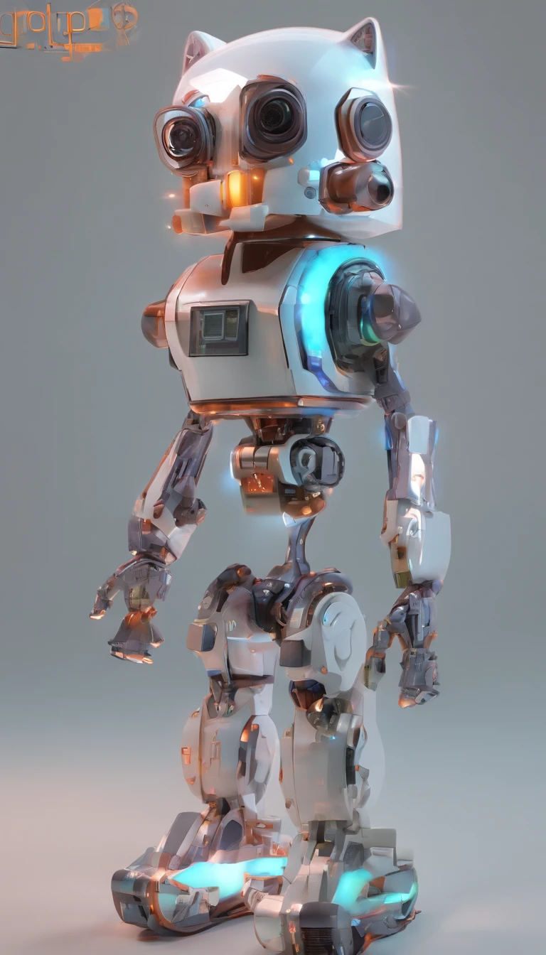 robotic cat, (estilo de brinquedo da caixa cega:1.2), (tiro de corpo inteiro) , 1 Menino Transparente,Behind him is a cute transparent robot cat, Mech transparente, Capacete requintado:1.2, Glasses:1.2, Cyberpunk, brilho sonhador, luminous neon lights, limpo, fundo branco, ( global ilumination, Traching de raias, HDR, unreal render,Reasonable design, alto detalhe, master part, best quality, hiper HD, Cinematic lighting)