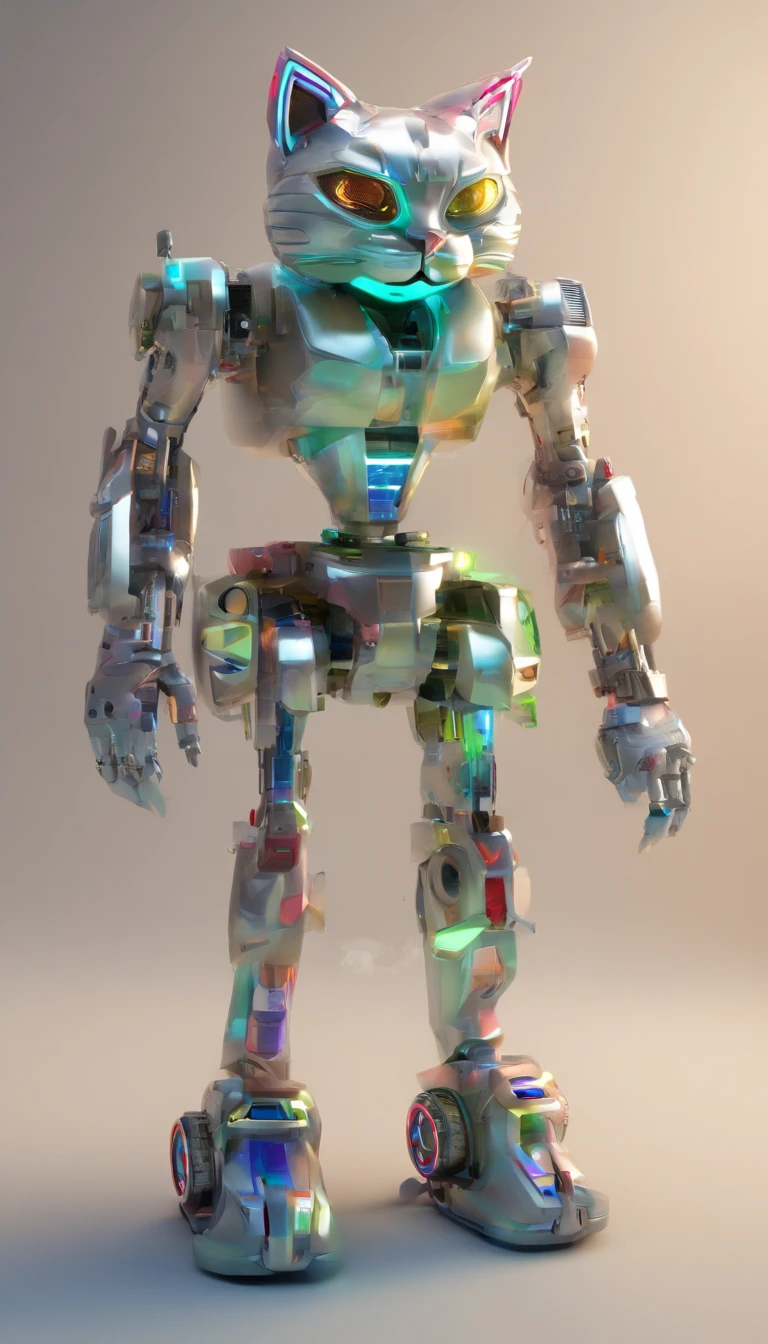 robotic cat, (estilo de brinquedo da caixa cega:1.2), (tiro de corpo inteiro) , 1 Transparente,Behind him is a cute transparent robot cat, Mech transparente, Capacete requintado:1.2, Glasses:1.2, Cyberpunk, brilho sonhador, luminous neon lights, limpo, fundo branco, ( global ilumination, Traching de raias, HDR, unreal render,Reasonable design, alto detalhe, master part, best quality, hiper HD, Cinematic lighting)