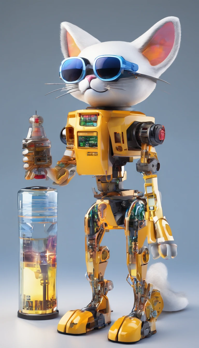 robotic cat, (estilo de brinquedo da caixa cega:1.2), (tiro de corpo inteiro) , 1 Menino Transparente,Behind him is a cute transparent robot cat, Mech transparente, Capacete requintado:1.2, Glasses:1.2, Cyberpunk, brilho sonhador, luminous neon lights, limpo, fundo branco, ( global ilumination, Traching de raias, HDR, unreal render,Reasonable design, alto detalhe, master part, best quality, hiper HD, Cinematic lighting)