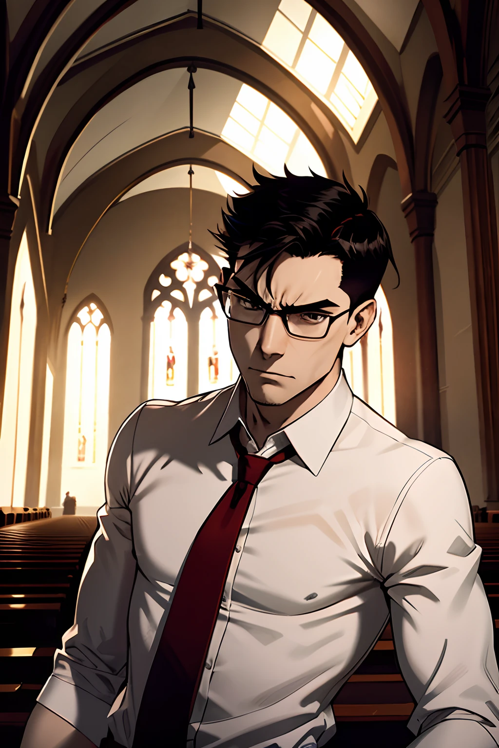 skinny guy, short black hair, glasses, angry, wearing a white shirt, red tie, inside the old church, creepy church, night time