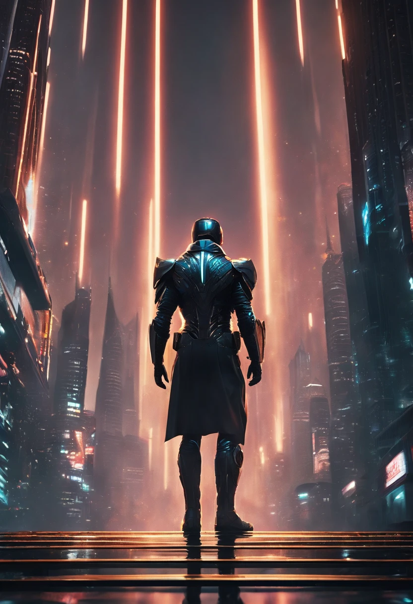 A sprawling, futuristic metropolis unfolds before your eyes. Towering skyscrapers pierce the night sky, illuminated by a mesmerizing array of neon lights. Hovering vehicles weave between the colossal structures, leaving luminous trails in their wake. In the center of this bustling cityscape, an enigmatic figure clad in sleek, reflective cyber-armor stands on the edge of a precipice, overlooking the urban abyss. Raindrops cascade down their armored form, casting intricate ripples on the wet, glistening streets below. This UHD shot captures every gleam and reflection, revealing the city's secrets in astonishing detail.