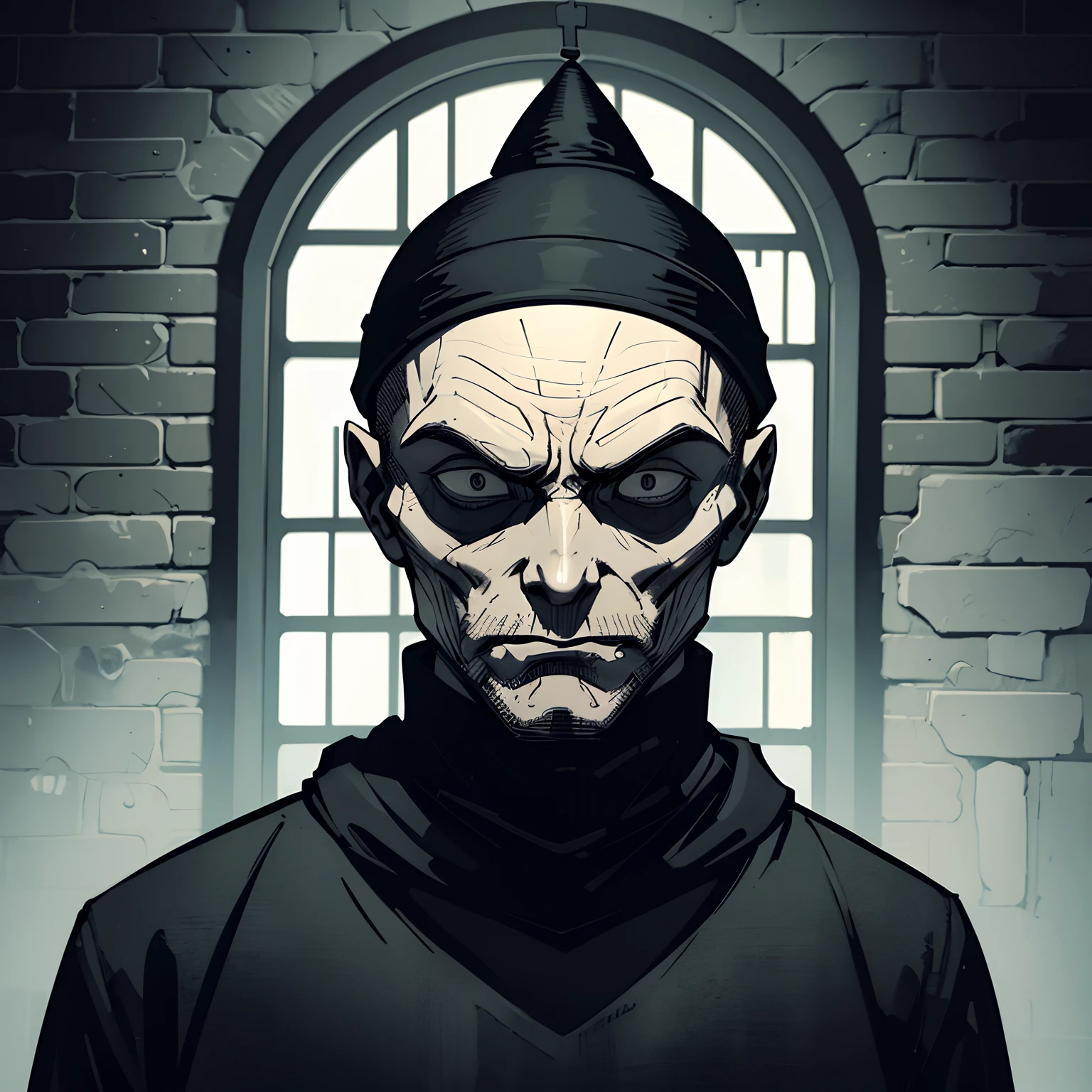 man, robber, wearing a black sweater, black beanie hat, bald, creepy face, scared, sad, inside gotham city church, night time
