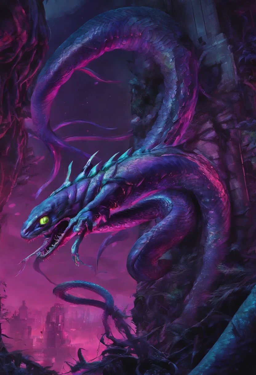 HD clear, Best images, Illustration quality, Super detailed, Centipede monsters, slimification, Centipede-like monsters, (Standing centipede),Purple and black scales covering the whole body, Large leaves running through the body, There are vines at the end of the tail, Sharp crawling feet,, Long strips for perfect body shape,(Snake), destroying a city, The background is a ruined city ((concept-art))