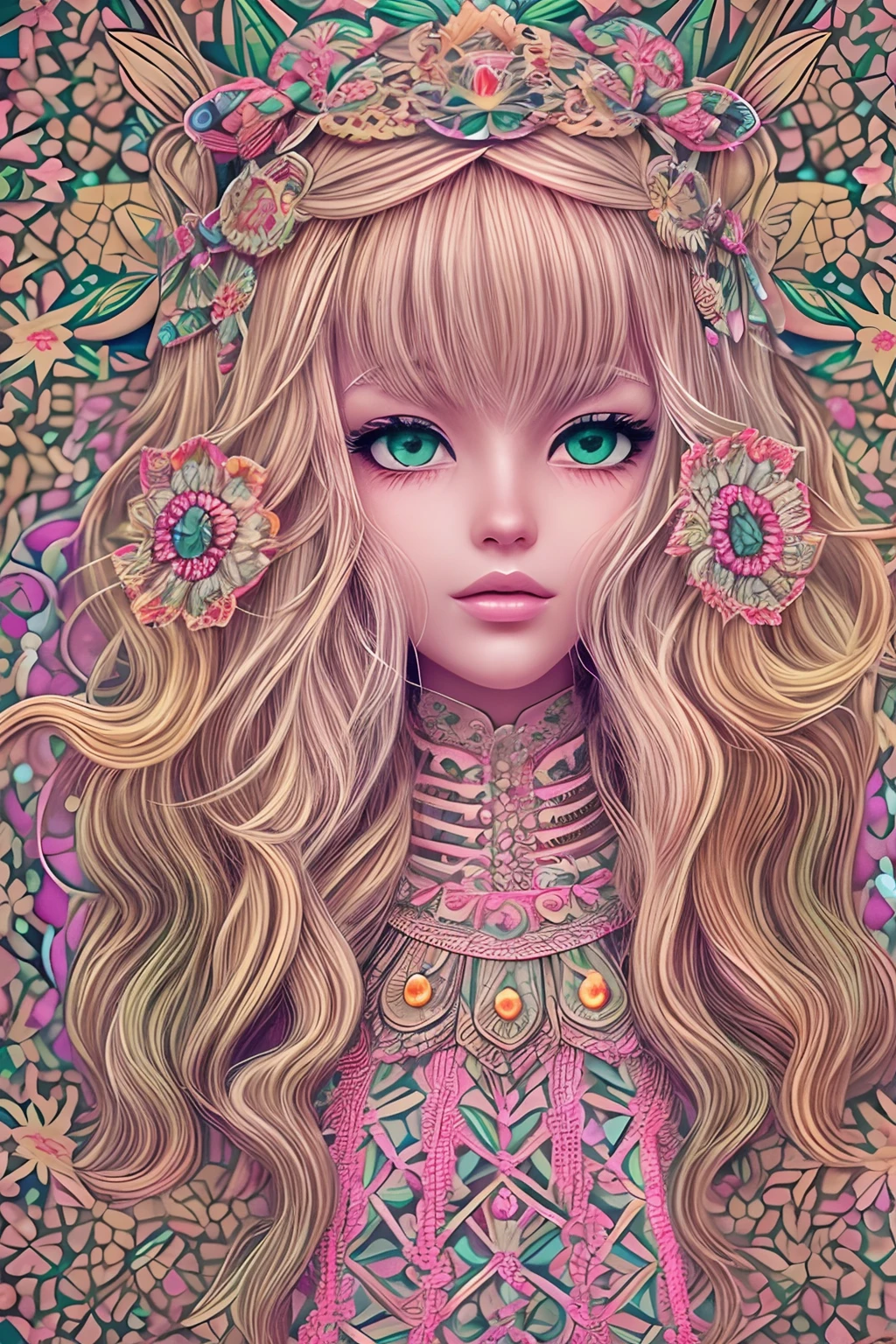 (absurdres, highres, ultra detailed), 1girl, mature female, wavy blonde hair, long hair, blunt bangs, green eyes, pink dress, finely detailed eyes and detailed face, extremely detailed CG unity 8k wallpaper, intricate details, BREAK , kaleidoscopic imagery...