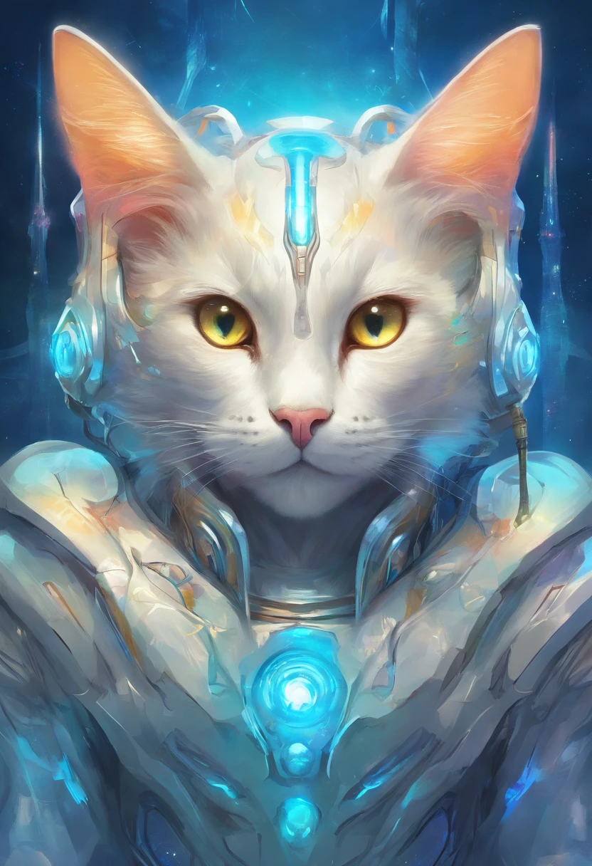 Cat-shaped alien、Coat color is neon blue、Eye color is yellow、Wearing a white spacesuit