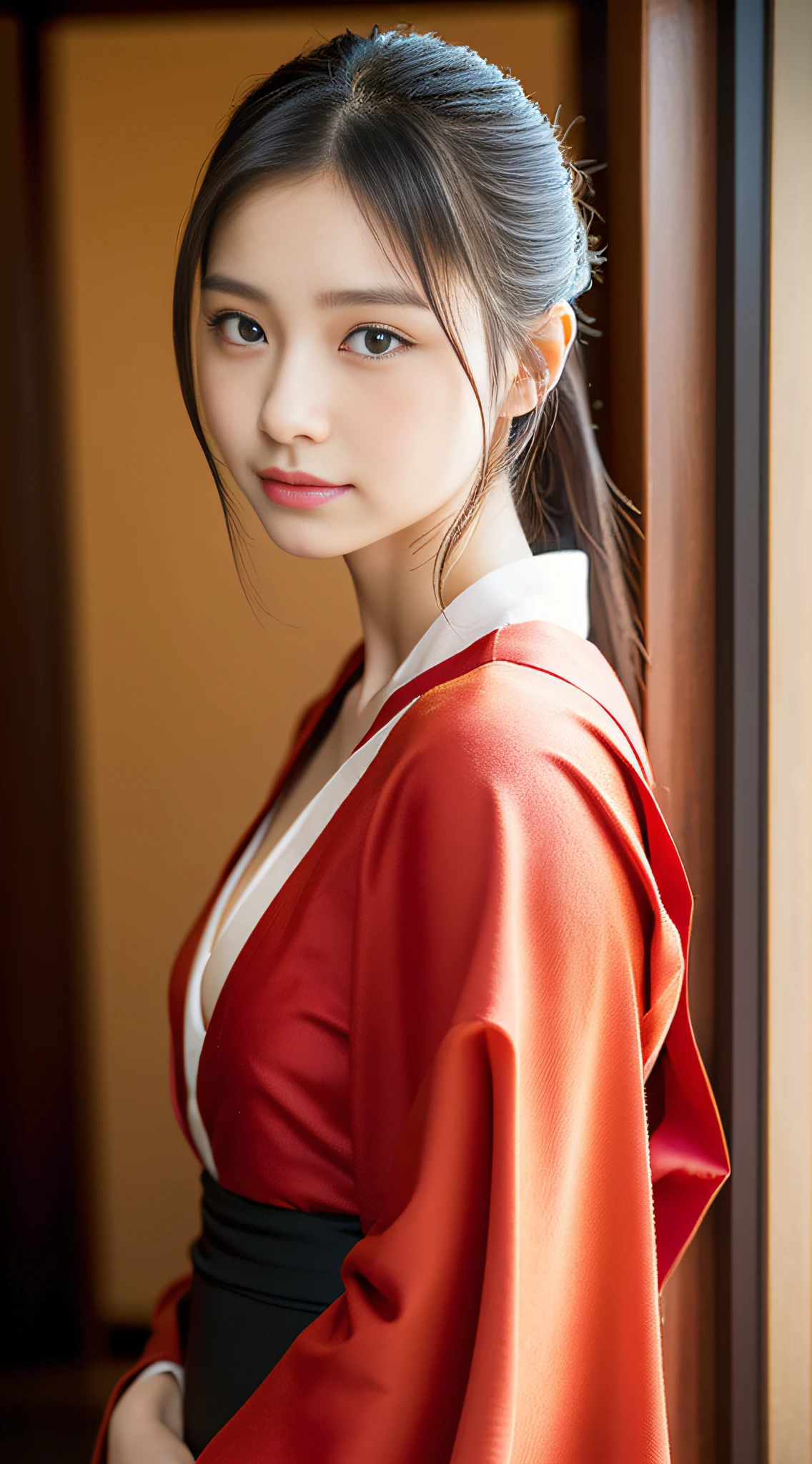 (((32k,high detal,high-detail、masterpiece,Attention to detail,full body Esbian,独奏))),Raw photo & realistic atmosphere,beautiful dark blue eyes,Detailed mouth,Glossy lips,Detailed eyebrows,Eyes drawn in detail with soft white skin that shines in every detail、Very beautiful eyes with azure eyes,Detailed lips、Very beautiful face,Very well-formed face、Lifelike face,shiny beautiful lips,Beautiful eyebrows,Infinite reality, Realistic Young Gravure Idol,Very cute high school girl, , Young Sensual Gravure Idol, Young Gravure Idol, extremely beautiful and cute17--old pointed beautiful girl,with a flushed face,Incredibly beautiful and classy17 year beautiful girl,natural soft light,(Black shiny hair,,bare-legged,Samurai kimono and black hakama,Beautiful kind eyes:1.5),(youthfulness,Severe wear and tear,Exposed thighs,Thighs protruding from hakama,Gentle smile,well-shaped breasts,,Immature body,Japan samurai kimono,Japanese style ponytail,Hang your hair high and tie it into one,Beautiful posture,posterior view,facing back,no-makeup,woman samurai,woman swordsman,Influence of Shinsengumi,Looking into the distance,Japanese pattern haori,cleavage of the breast,Wearing bowl rolls,No bra:1.6)