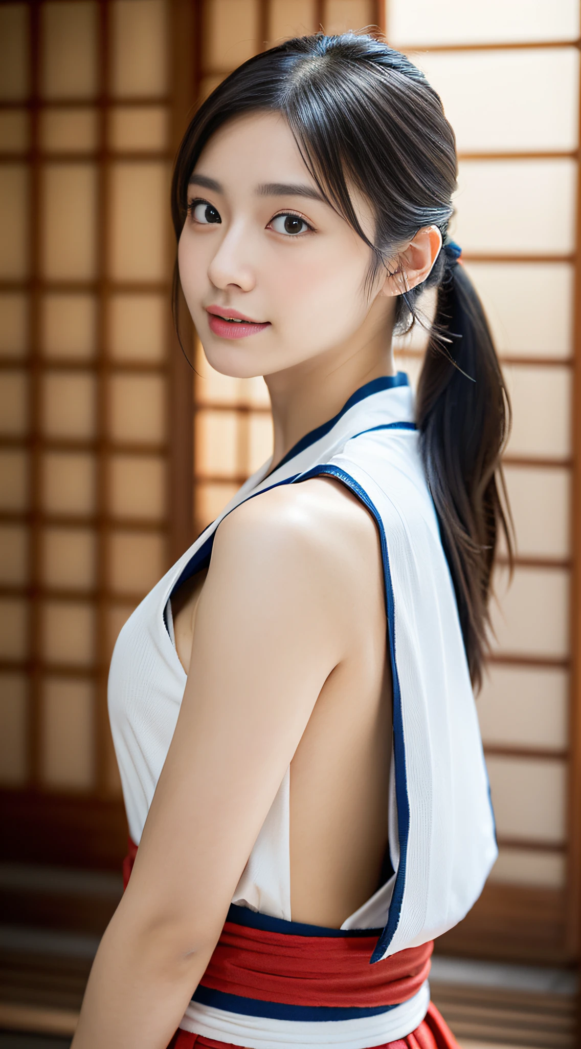 (((32k,high detal,high-detail、masterpiece,Attention to detail,full body Esbian,独奏))),Raw photo & realistic atmosphere,beautiful dark blue eyes,Detailed mouth,Glossy lips,Detailed eyebrows,Eyes drawn in detail with soft white skin that shines in every detail、Very beautiful eyes with azure eyes,Detailed lips、Very beautiful face,Very well-formed face、Lifelike face,shiny beautiful lips,Beautiful eyebrows,Infinite reality, Realistic Young Gravure Idol,Very cute high school girl, , Young Sensual Gravure Idol, Young Gravure Idol, extremely beautiful and cute17-year-old pointed beautiful girl,with a flushed face,Incredibly beautiful and classy17 year old beautiful girl,natural soft light,(Black shiny hair,,bare-legged,Samurai kimono and black hakama,Beautiful kind eyes:1.5),(youthfulness,Severe wear and tear,Exposed thighs,Thighs protruding from hakama,Gentle smile,well-shaped breasts,,Immature body,Japan samurai kimono,Japanese style ponytail,Hang your hair high and tie it into one,Beautiful posture,posterior view,facing back,no-makeup,woman samurai,woman swordsman,Influence of Shinsengumi,Looking into the distance,Japanese pattern haori,cleavage of the breast,Wearing bowl rolls,No bra:1.6)