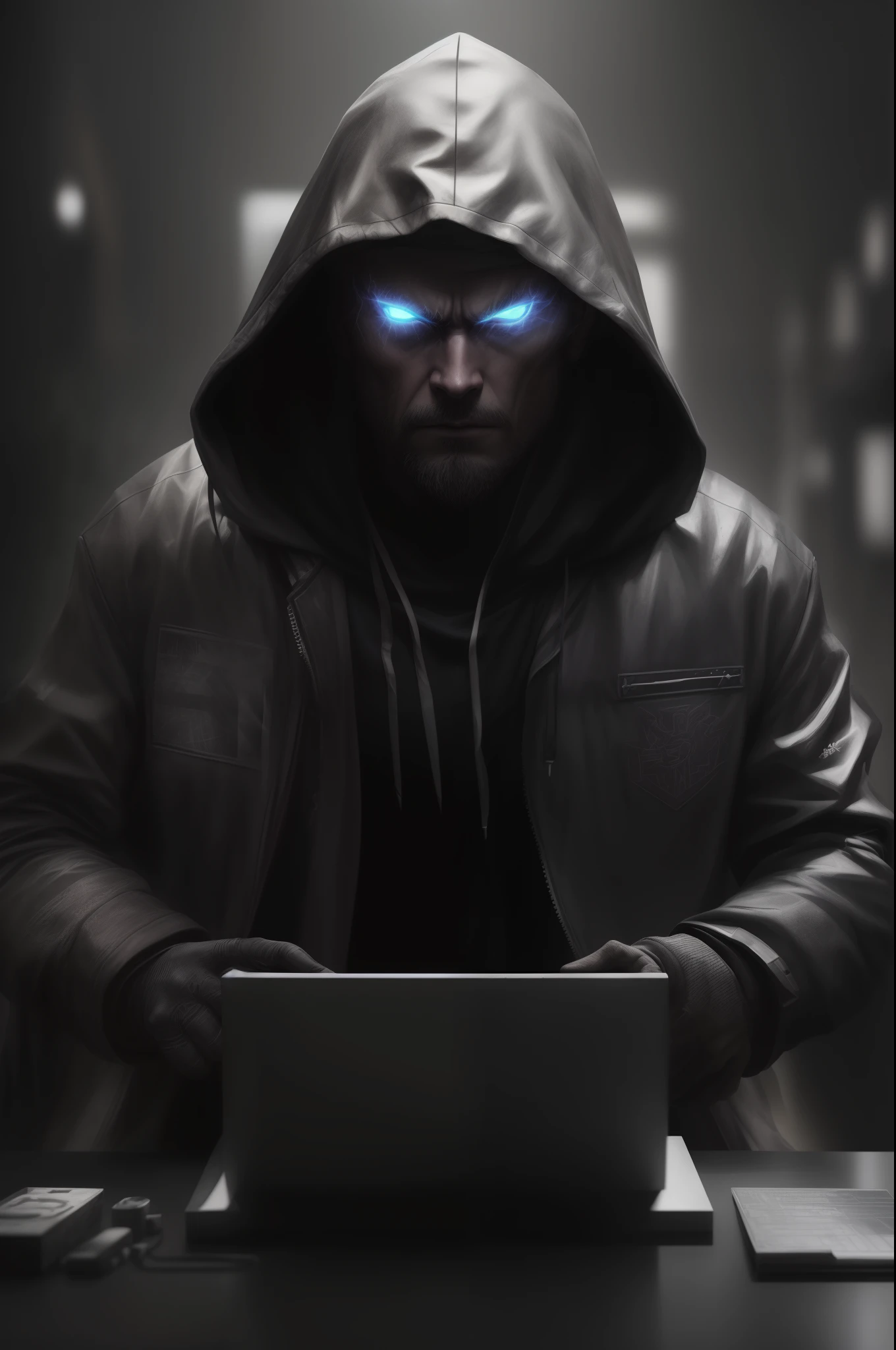 Hero with a gray hood with a dark face and gray eyes of thunder Create a character, which is a bit scary Hacker, badass👑, black and gray neon background, epic lighting, Lighting for photos, Display reflections, ultra -detailed, Photorealistic, Filmic, Video Quality Rendering, VFX post-production, RTX ray-traced lighting, Digestive atmosphere, ombre