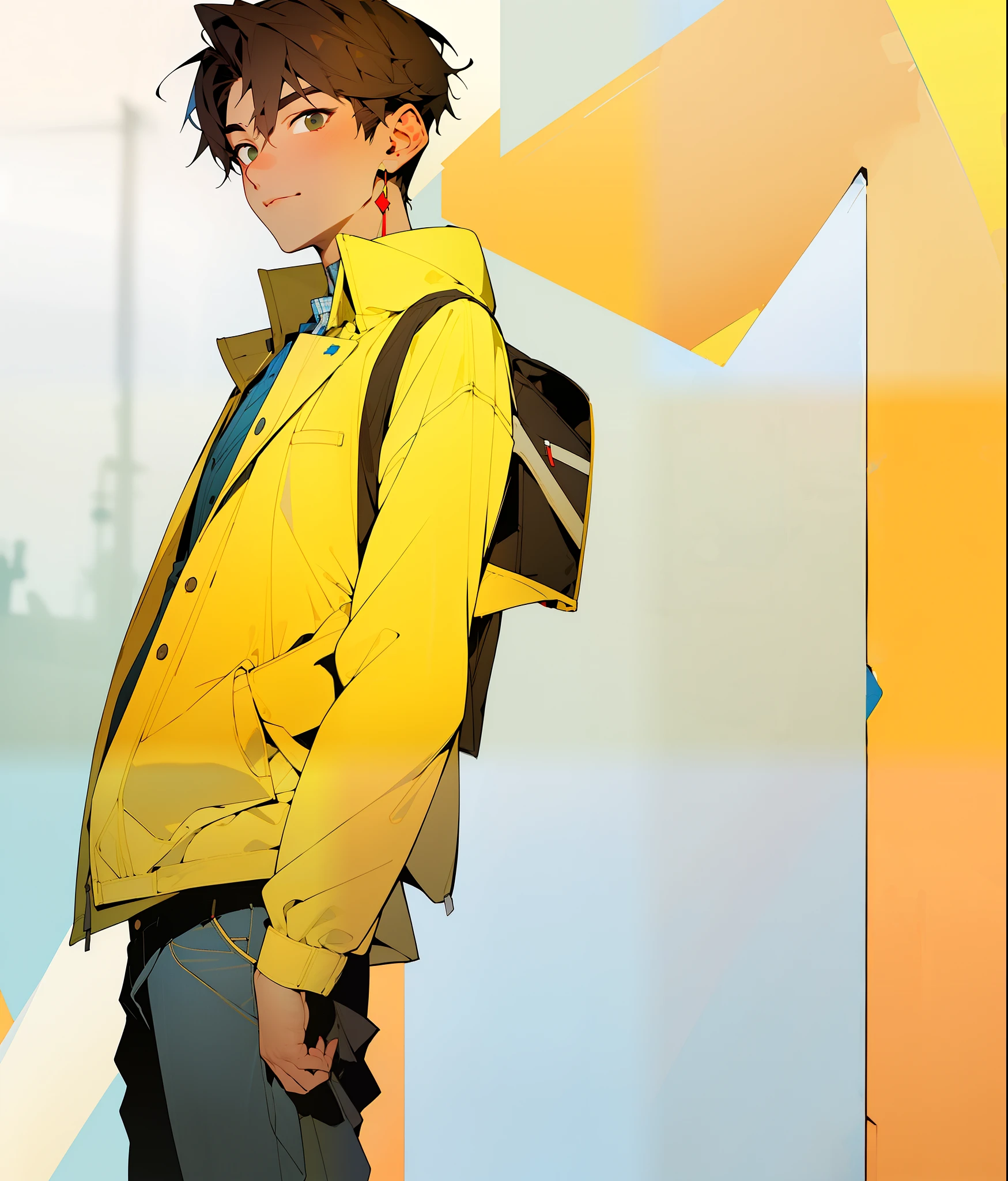 ((Masterpiece, Superb Campus Aesthetics)), 1 male solo, close-up, (cute eyes), jeongta, (Korean school uniform, white shirt, knitted vest, long pants), (short brown hair), (handsome boy), (clear facial features, detailed skin texture, handsome face), school bag, white background, yellow skin, standing, (masterpiece, top quality, best quality), ((flat color))), full body photo wearing a yellow shirt and blue jeans pant
