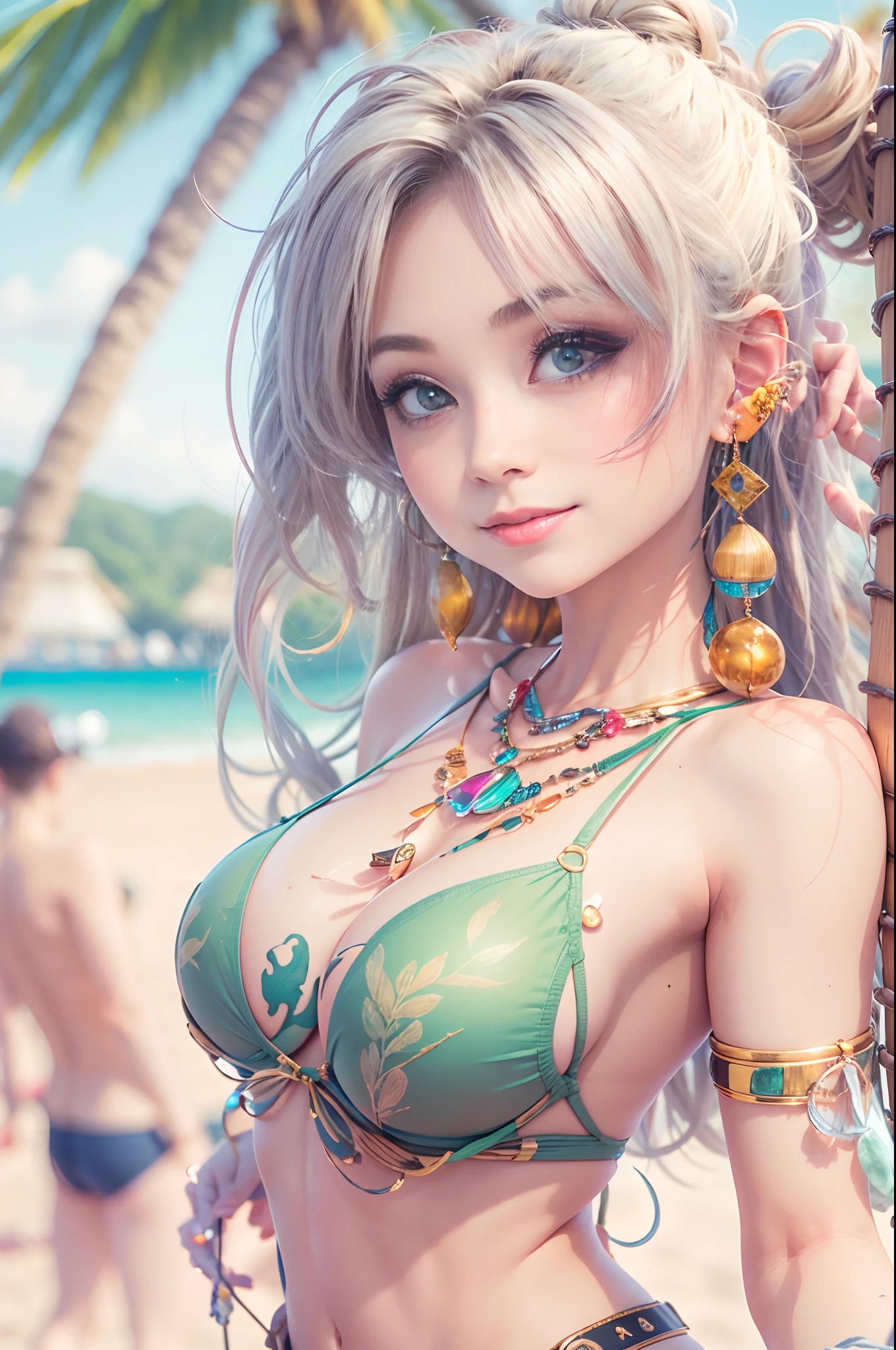 (Masterpiece: 1.5), (Best Quality: 1.5), High Resolution, High Detail, 1 Girl, Solo, Skin Highlight, Sharpen, Clear, straight hair, ponytail, multicolored hair, Jewelry, bracelet, earrings, cowboy shot, pale skin, smile, beach, tiny micro bikini, huge boobs