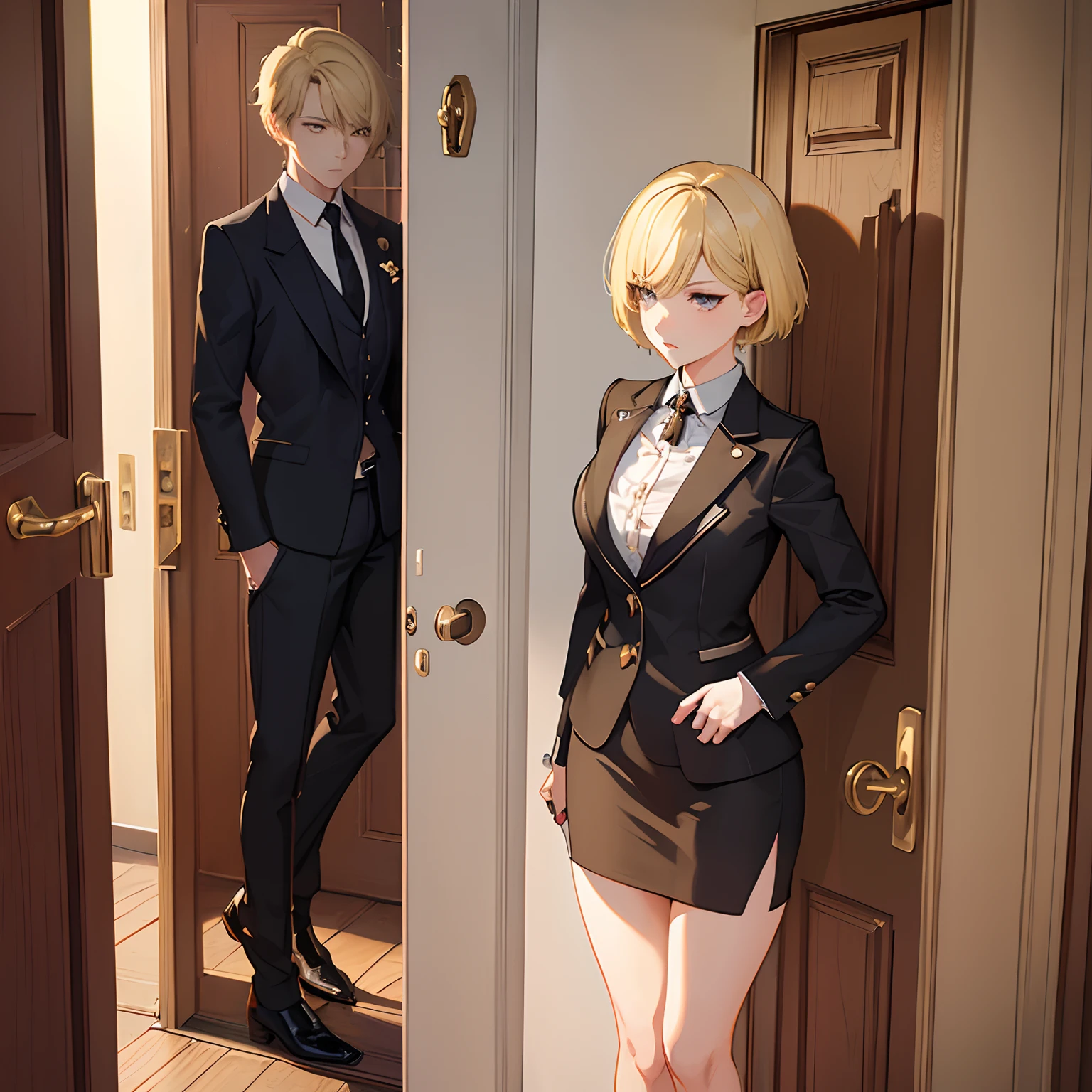 1girll,(short blonde hair:1.6),Business suit,Skirt that wraps hips,black short socks,Mature and beautiful and sexy,Rich and noble families,In the corridor of the villa,(Knocking on the door:2),facing away from the audience,seductive, Ultra-detailed CG,Exquisite facial features,Clear facial expressions,Detailed digital anime art,Digital anime art,High quality anime art style