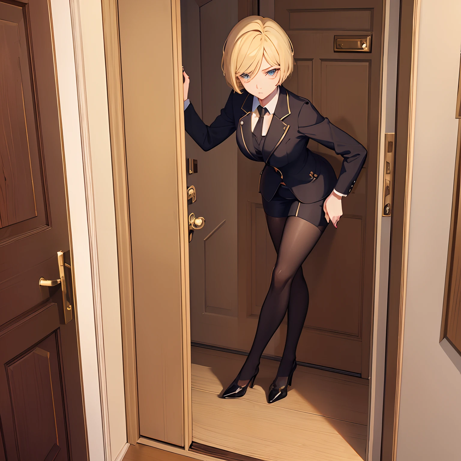 1girll,(short blonde hair:1.6),Business suit,Skirt that wraps hips,black short socks,Mature and beautiful and sexy,Rich and noble families,In the corridor of the villa,(Knocking on the door:2),facing away from the audience,seductive, Ultra-detailed CG,Exquisite facial features,Clear facial expressions,Detailed digital anime art,Digital anime art,High quality anime art style