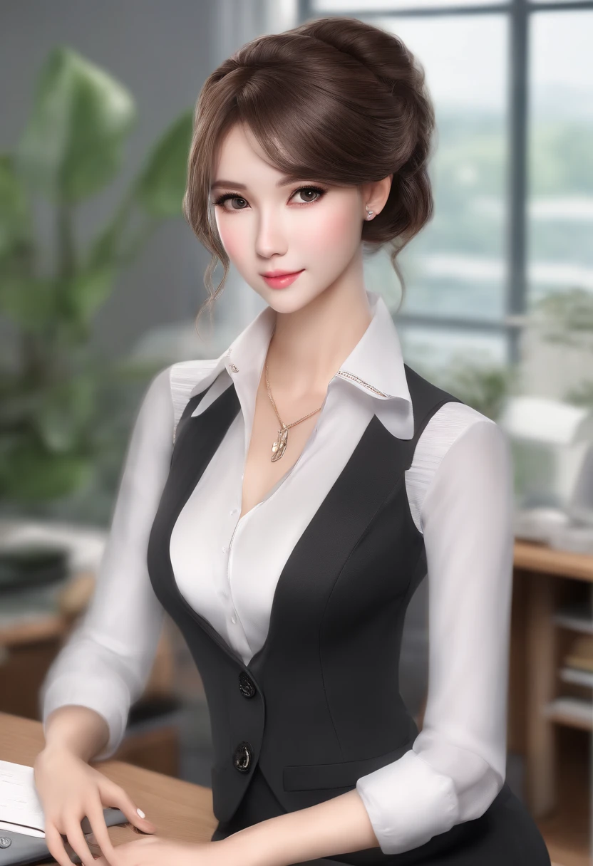 (RAW, best quality, masterpiece:1.5), (photo realistic, intricate details:1.2), ultra highres, absurdres,
1girl, beautiful face, blue eyes, green eyes, detalied eyes, symmetric eyes, light on face, nose blush, short hair, hair bun, black hair tie, 
clk, vest, suit, pencil miniskirt, white shirt, silk scarf, black pantyhose, [:20d, :0.8],
smile, small dimples, sexually suggestive, 
medium breasts, slim waist, slim legs, long legs,
sitting on chair in front of desk, perfect body, good proportions,
looking at viewer, 
(office, indoor, hyper detailed background:1.2), japan, copy machine, file cabinet, computer, monitor,
shiny skin, real skin texture, 
natural lighting, best lighting, detailed background, detailed shadow, sharp focus, depth of field f/2,
saturated, high contrast, strong light and shadow