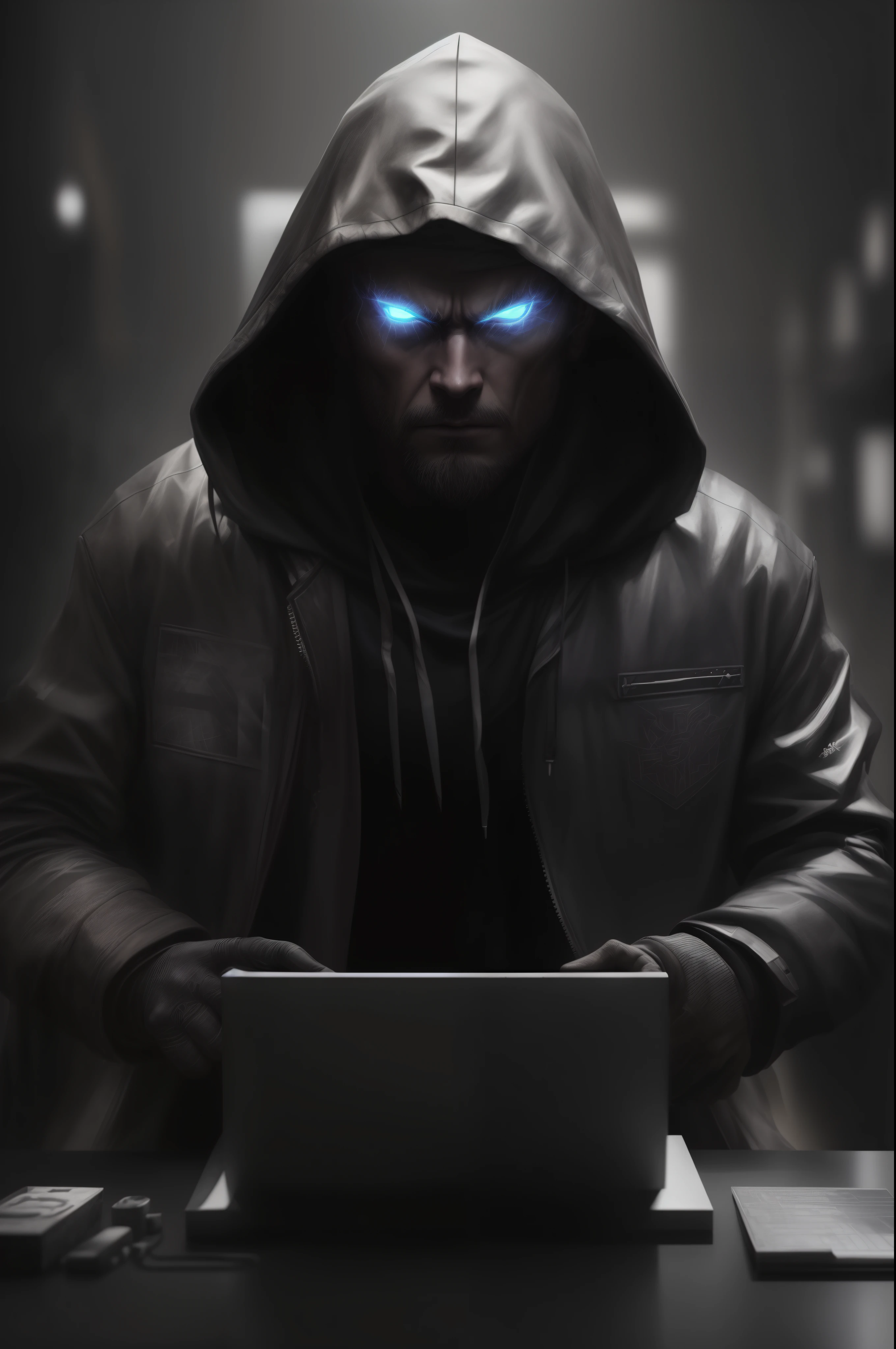 Hero with a gray hood with a dark face and gray eyes of thunder Create a character, which is a bit scary Hacker, badass👑, black and gray neon background, epic lighting, Lighting for photos, Display reflections, ultra -detailed, Photorealistic, Filmic, Video Quality Rendering, VFX post-production, RTX ray-traced lighting, Digestive atmosphere, ombre