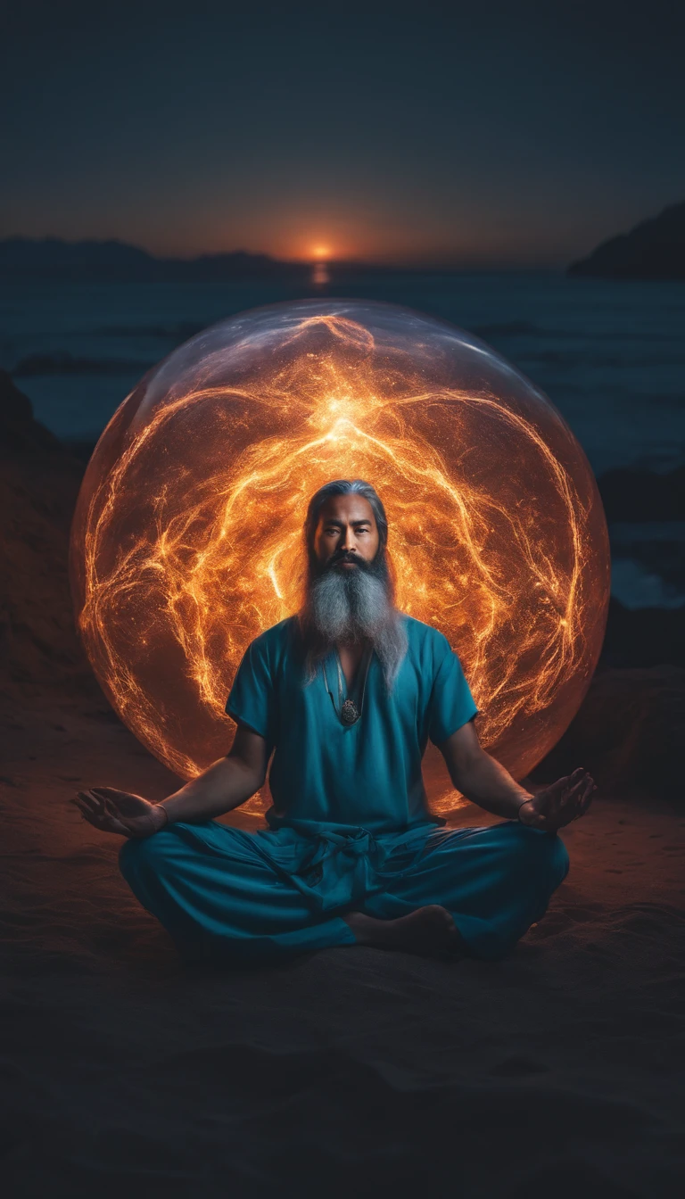 35 year old middle aged asian man,Long whit hair,long beard,Holding a glowing sphere in both hands,staring directly at camera,Cross-legged meditate, at centre,Clear facial features,Very bright colors, light Particle, with light glowing, Mushiv, Wallpaper Art, UHD Wallpapers