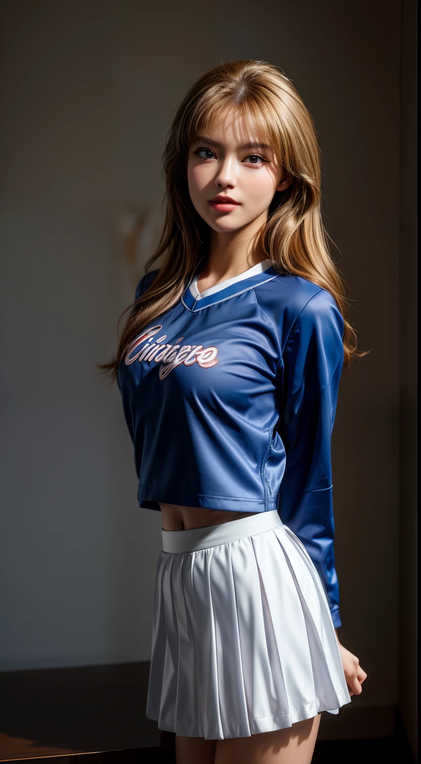 ((sfw)), ((best quality)), ((masterpiece)), ((realistic)), (detailed), , a fun (cheerleader) LittleCaprice, wearing an (detailed cheerleader uniform:1.4), midriff, (detailed skirt:1.4), well lit, dramatic lighting, deep shadows and brilliant highlights, (intense eye contact), gorgeous eyes, seductive devious smirk, beautiful face, (highly detailed face, realistic skin texture), pastel theme, (artistic erotica), high quality, (by arny freytag), (by artgerm:1.2), bronze wolfcut hair with, bri ze wolfcut hair, bronze wolfcut hair, midshot, centered image, ultra detail, extremely face detail, extremely eye detail
