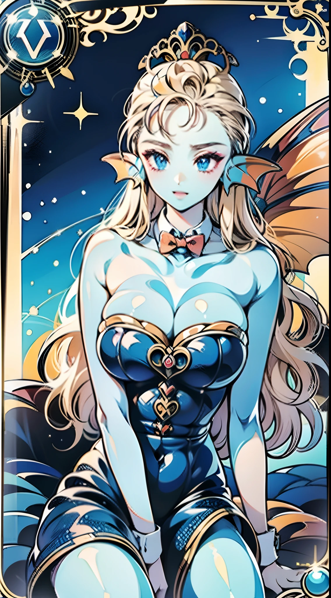 8K, High quality, married, Beautiful, Bright, Eye Highlights, Sexy, Erotic, beautiful line art, light blue skin, Blue and orange gradient ear fins, Bunny Girl, Bunny suit, Net tights on the legs, Trading card frame and description design, Rare Card Design , Night background,Depicted from head to chest、Bust up diagram、