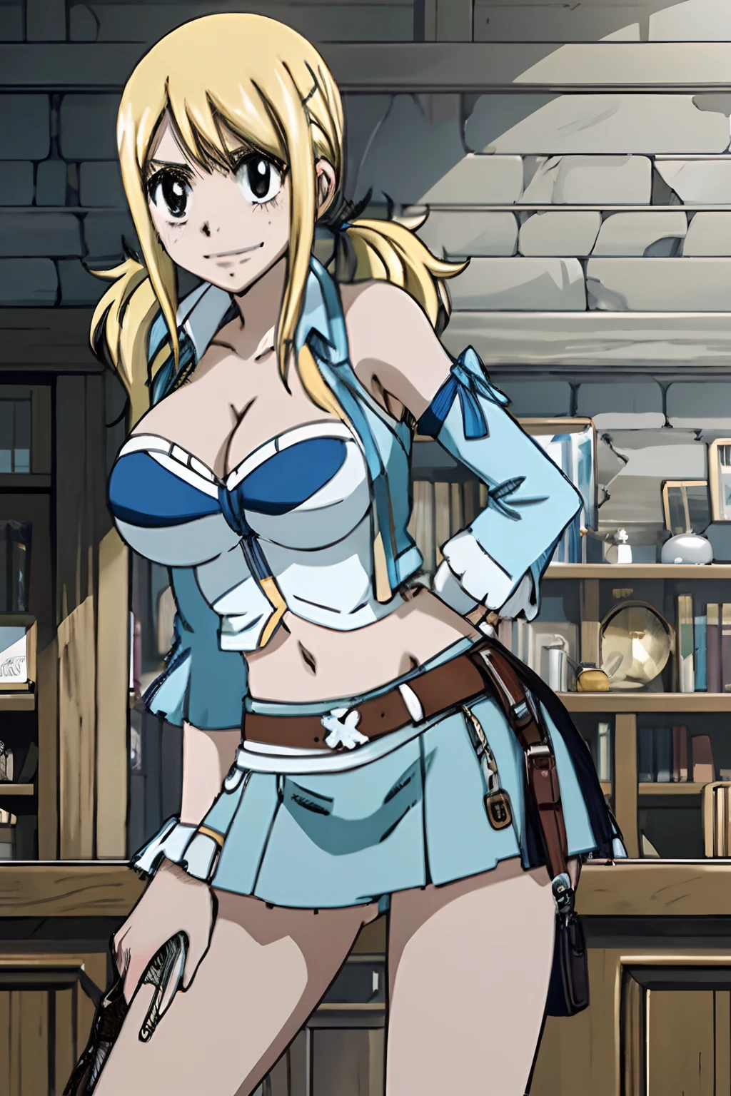 masterpiece, best quality, highres, lucy heartfilia, blonde hair, twintails, large breasts, black thighhighs, detached sleeves, midriff, cropped vest, strapless, belt, black skirt, cowboy shot, indoors, standing, leaning forward, arms behind back, smug smile