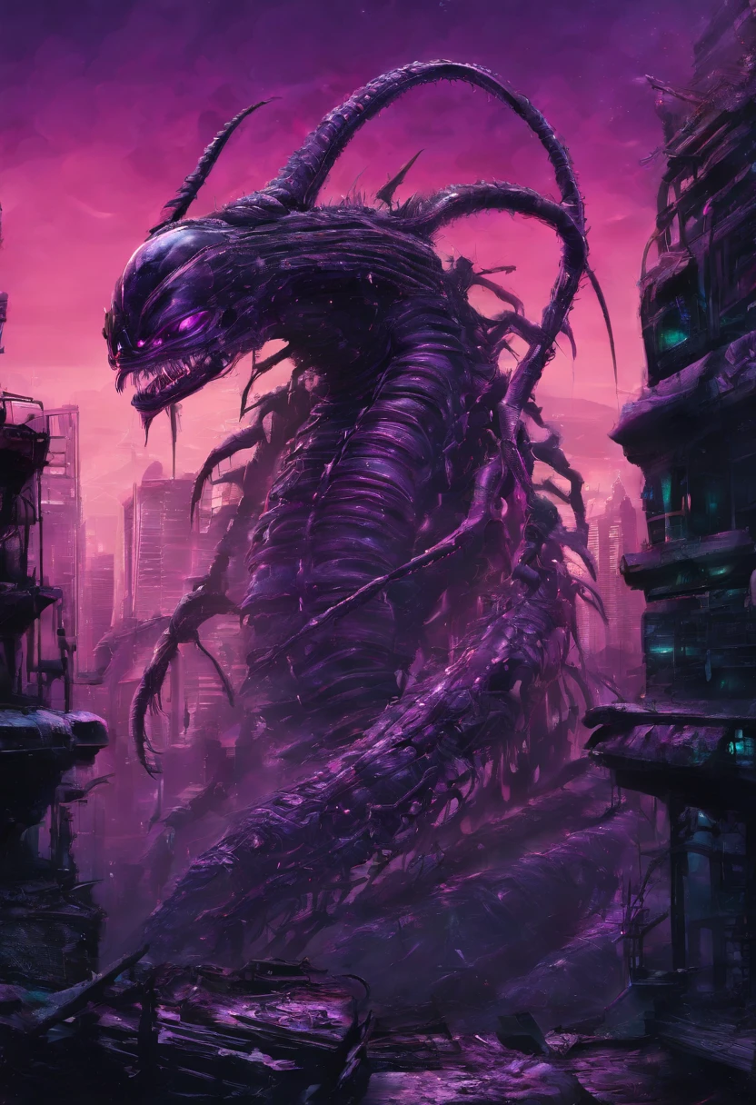 HD clear, Best images, Illustration quality, Super detailed, Centipede monsters, slimification, Centipede-like monsters, （Standing centipede），Purple and black scales covering the whole body, Large leaves running through the body, There are vines at the end of the tail, Sharp crawling feet,, Long strips for perfect body shape,（Centipede-shaped）， destroying a city, The background is a ruined city ((concept-art))