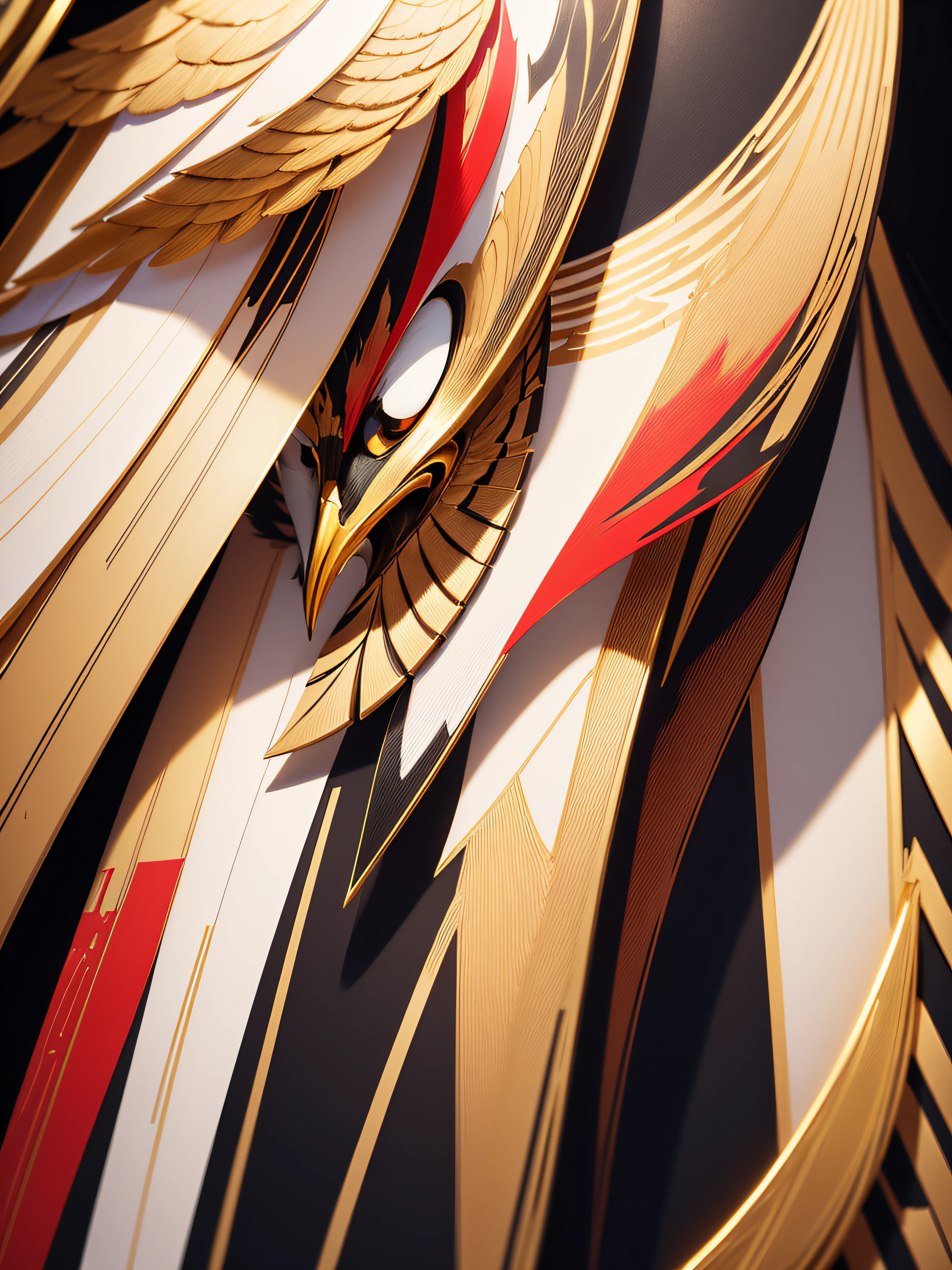 gold and white, falcon subject, fashion, drawing, masterpiece, Abstract art, perfect composition, armor, gold, red, black, white details, oil art, digital, vector, illustration, 2d, 8k, oil painting, shades of gold red and white.