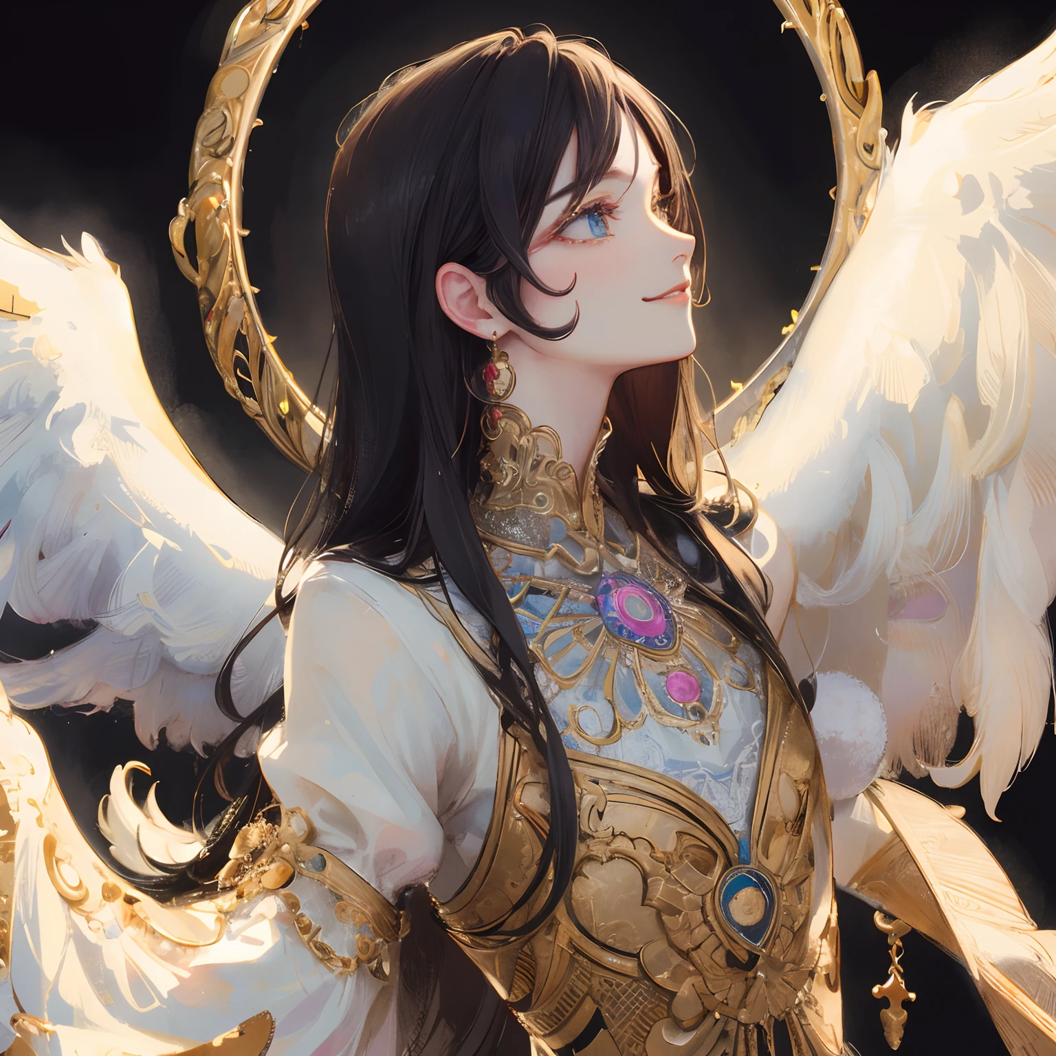 masterpiece: 1.7, top-quality、(Highly detailed CG、ultra-detailliert、Best Shadow:1.1)、独奏、profile、The face turned straight to the side、From the neck up、Painterly、sketch、Paper texture、超A high resolution、extra detailed face、flat-colors、extra detailed face、realisitic、limited pallete、Low contrast、angelicales、Black wings、a matural female、The best lighting、Beautuful Women、Black hair、Little smile、blanche:1.6、(Zentangle、a Mandala、Tangle、Entangle:1)