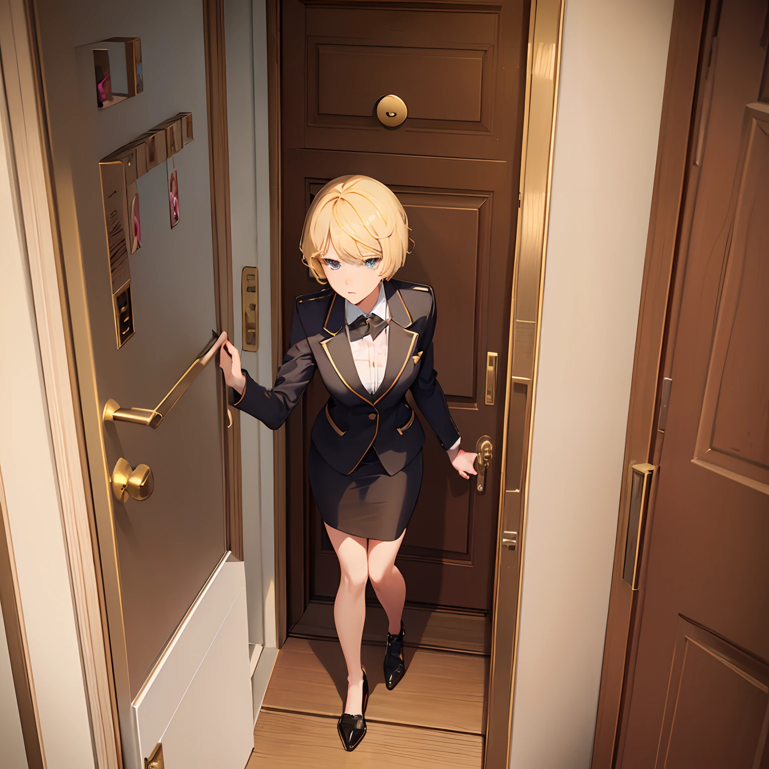 1girll,(short blonde hair:1.6),Business suit,Skirt that wraps hips,black short socks,Mature and beautiful and sexy,Rich and noble families,In the corridor of the villa,(Knocking on the door:2),facing away from the audience,seductive, Ultra-detailed CG,Exquisite facial features,Clear facial expressions,Detailed digital anime art,Digital anime art,High quality anime art style