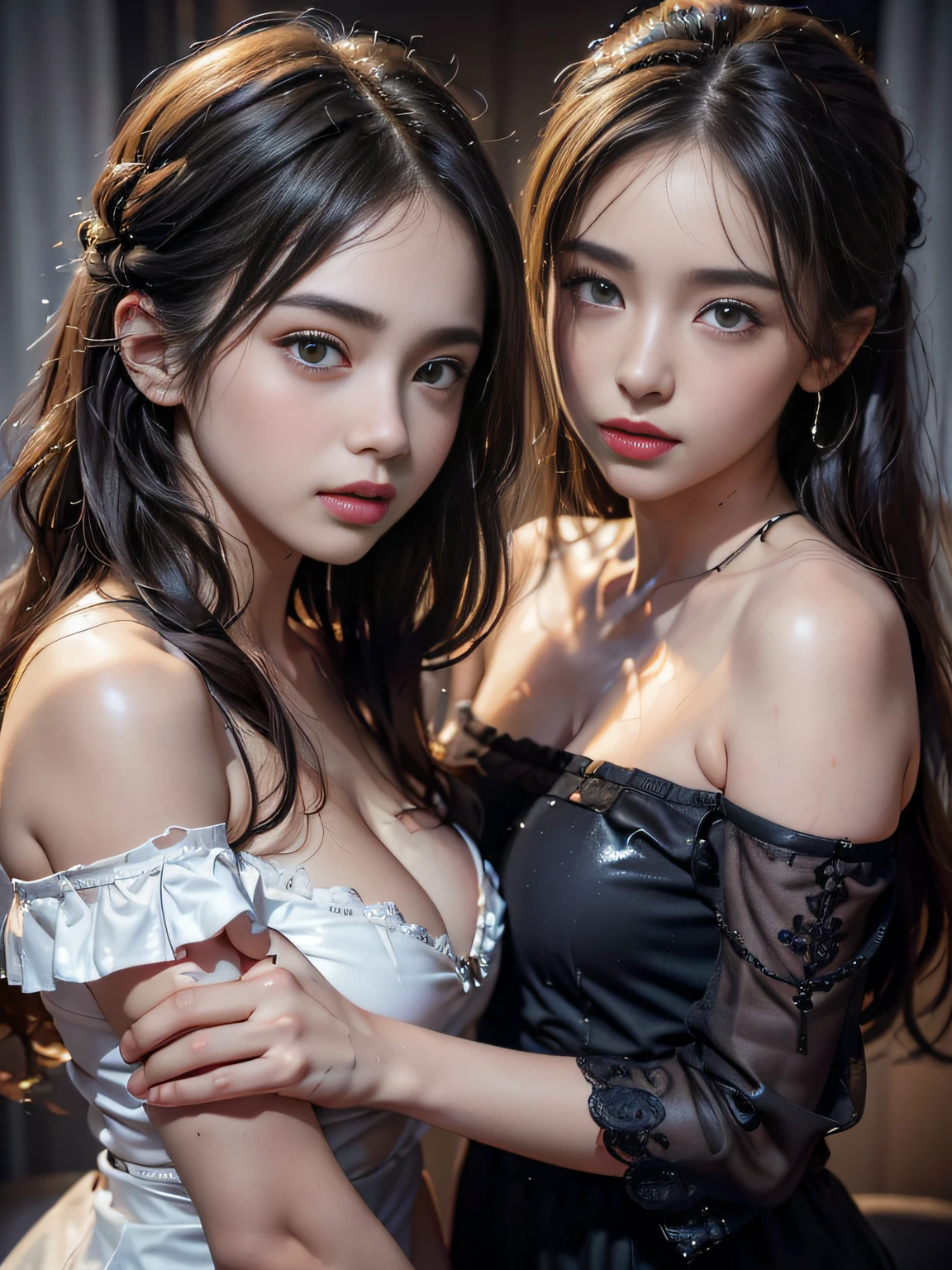 (shot from top)、(ung girls:1.5), (Ultra realistic, high res), (highly detailed eyes, highly detailed hair, highly detailed face, highly detailed plump lips), (off shoulder with open breasts:1.1),(Wet black hair)、shinny skin、
