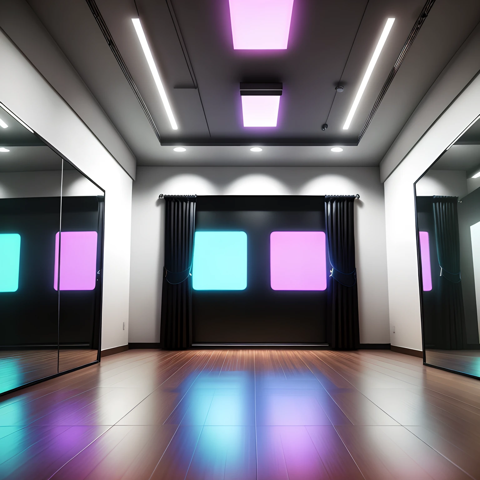 (dance studio: 1.5) , interior, groove galaxy , mirrors present , ultra realistic ,neon lights (tmasterpiece,premier quality,best qualitiy,officlal art,Beauty and aesthetics:1.2),(8K,best qualitiy,tmasterpiece:1.2)