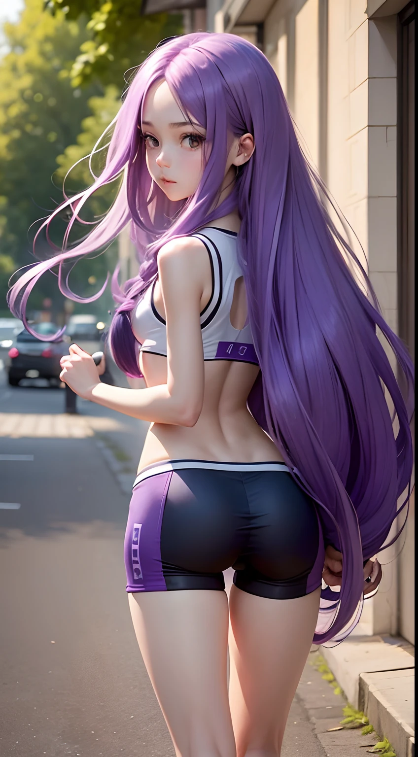 Girl with long purple hair, Slim, cuteface, little chest, Full-length, in long cycling shorts, seen from behind