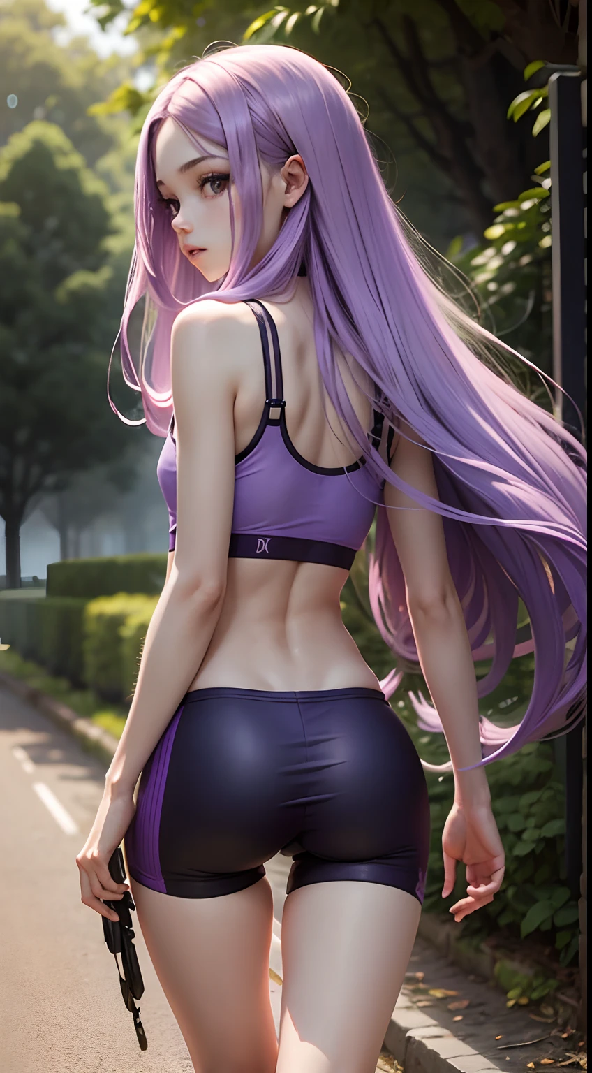 Girl with long purple hair, Slim, cuteface, little chest, Full-length, in long cycling shorts, seen from behind