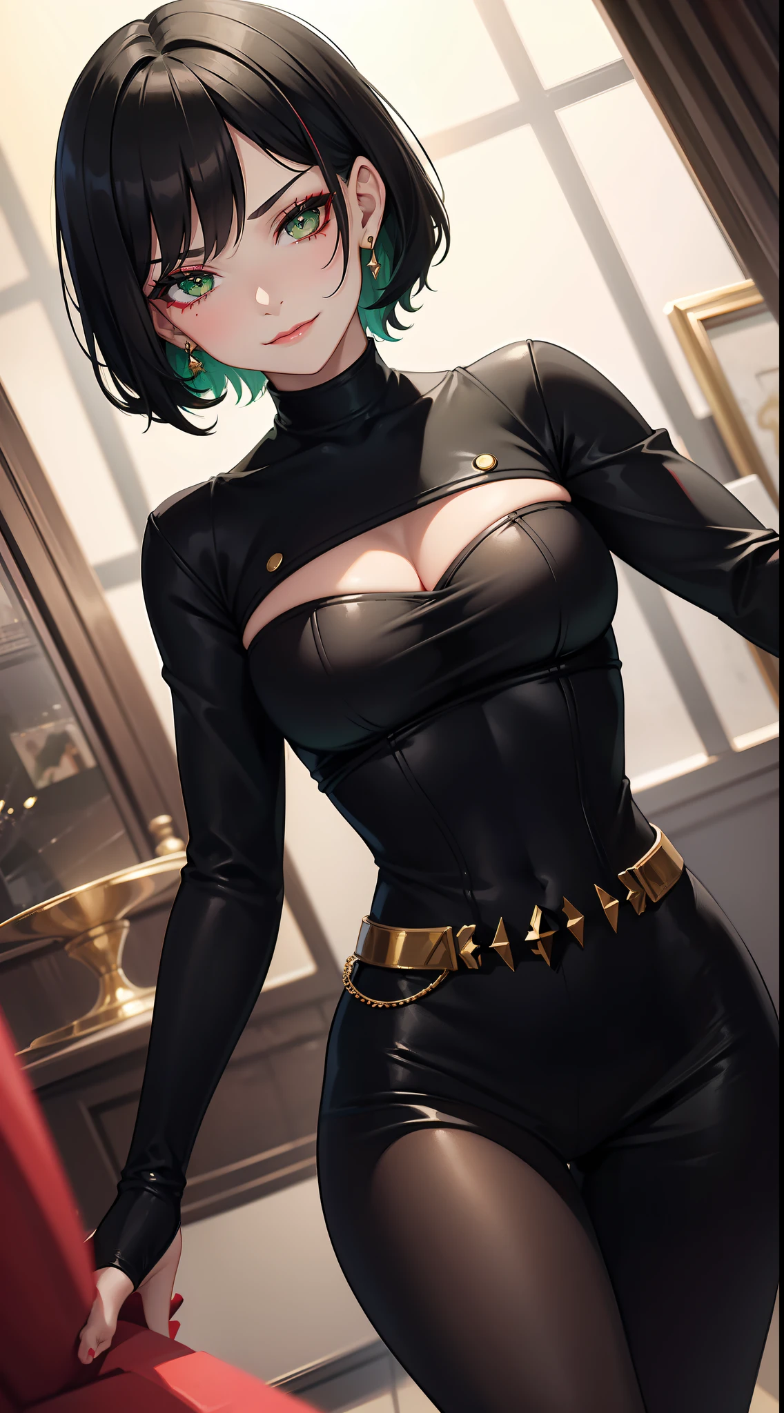 young girl, short black hair, Green eyes, black tight dress, Gold Elements, red elements, black eye shadow, Green lipstick, smirk, Masterpiece, hiquality