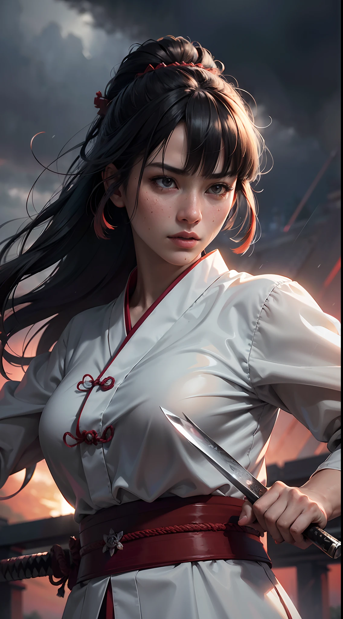 [object Object], (Detailed face features:1.3),1woman,japanese samurai,in the palace,fighting stance,blunt bangs,outdoor,stormy rain,cloudy sky,upper body,Japanese Warring States Clothing,red color sky,red moon,fierce wind,dynamic shot,black hair,white clothing,
(RAW photo, 16k, masterpiece, best quality: 1.2), (ultra realism, hyper detailed and intricate realism: 1.3), (wide depth of field, radiant mapping, ray tracing, god rays: 1.2), High dynamic range, vivid, rich details, clear shadows and highlights, realistic, intense, enhanced contrast,Holding a samurai sword,blood on face
