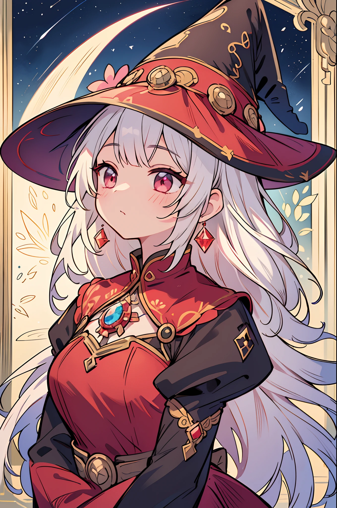 (Masterpiece), ((Best Quality)),(Official Art),Beautiful Indulgence:1.3),(Dress),(1 Girl: 1.3), Only the upper body, a beautiful witch wearing a bright red dress with a detailed and delicate design, sealed in the crystal, and Taiju who grows by taking in the sealed crystal. It shines faintly in the light of the midnight moon. Detailed drawing. Bright colors. Colorful, best detailed ((super detailed)), (highly detailed 2D illustration), ((very delicate and beautiful))