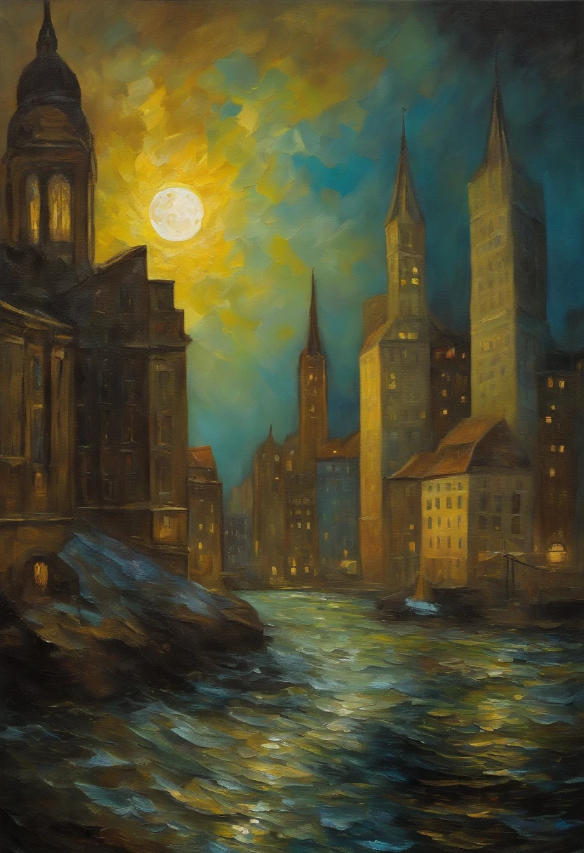 (mysterious, ethereal, January), oil painting, inspired by Van Gogh, shattered Rockefeller building, evil oyster elements, vibrant colors, textured brushwork, surreal atmosphere, moonlit night, dreamlike, intricate details, haunting, melancholic, distorted perspectives