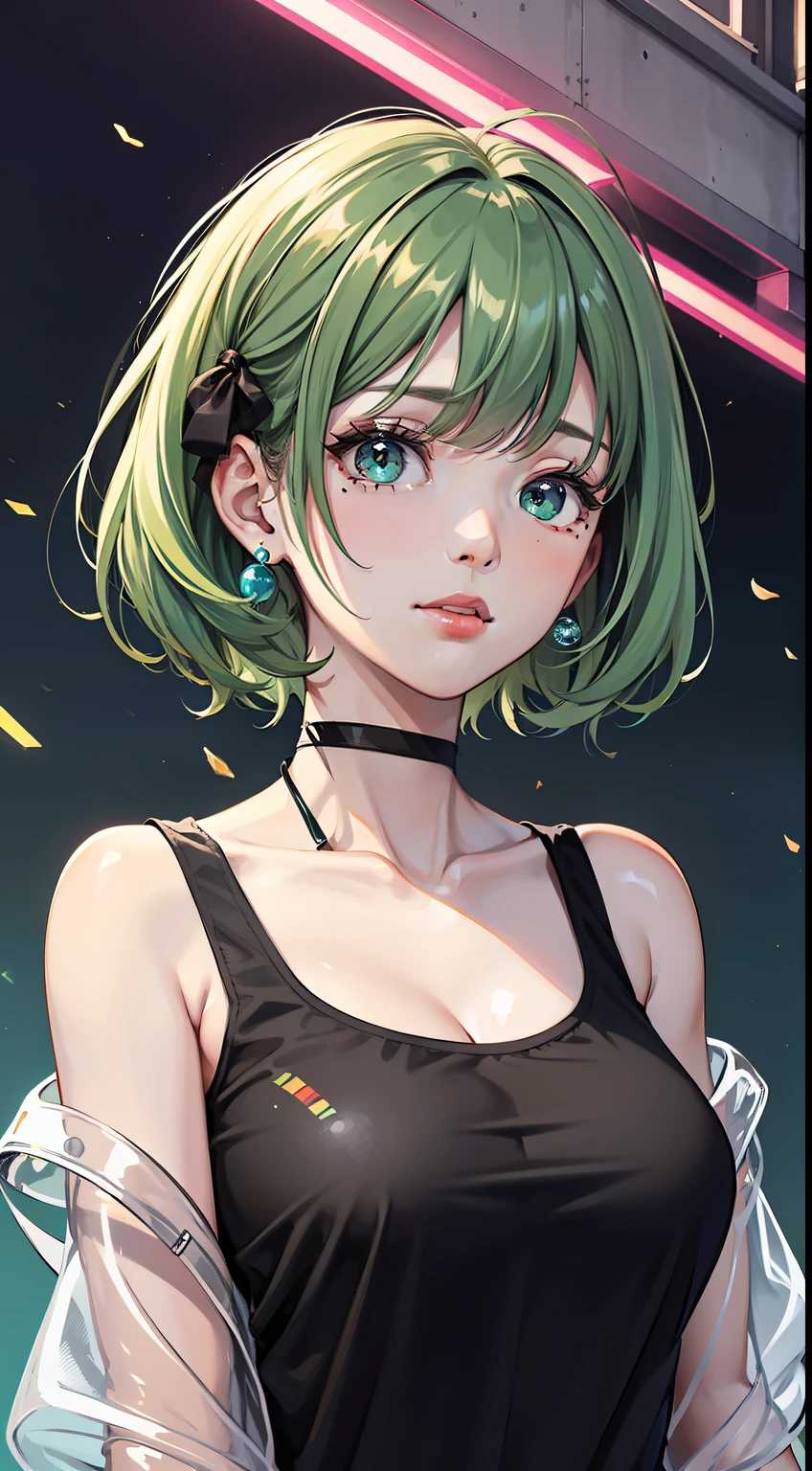 （masterpiece, best quality,8K,CG）,1girl,short hair, (black hair |green  hair)， rainbow color haircolorful hair，Gradual hair color，
(Transparent plastic jacket:1.2)，Black T-shirt,(simple background:1.2)   ,shiny, light particles, mole under eye, hair bobbles, big bubble, collarbone, hair ribbon, light particles, solar flare,