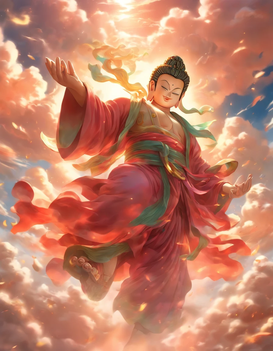 ((masutepiece))，(Best Quality))，china style，In the sky, The clouds form a huge transparent and shining white jade Maitreya Buddha image，Thick clouds，sun shining，Pilgrims on the road，Hyper-realistic，Ultra photo realsisim，Pink，8K，High Definition，high quarity，Works of masters，super-fine，（（（OC Renderer）））