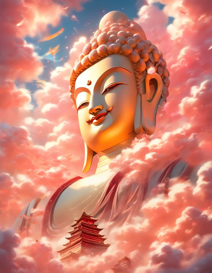 ((masutepiece)),(Best Quality)),china style,In the sky, The clouds form a huge transparent and shining white jade Maitreya Buddha image,Thick clouds,sun shining,Pilgrims on the road,Hyper-realistic,Ultra photo realsisim,Pink,8K,High Definition,high quarity,Works of masters,super-fine,(((OC Renderer)))
