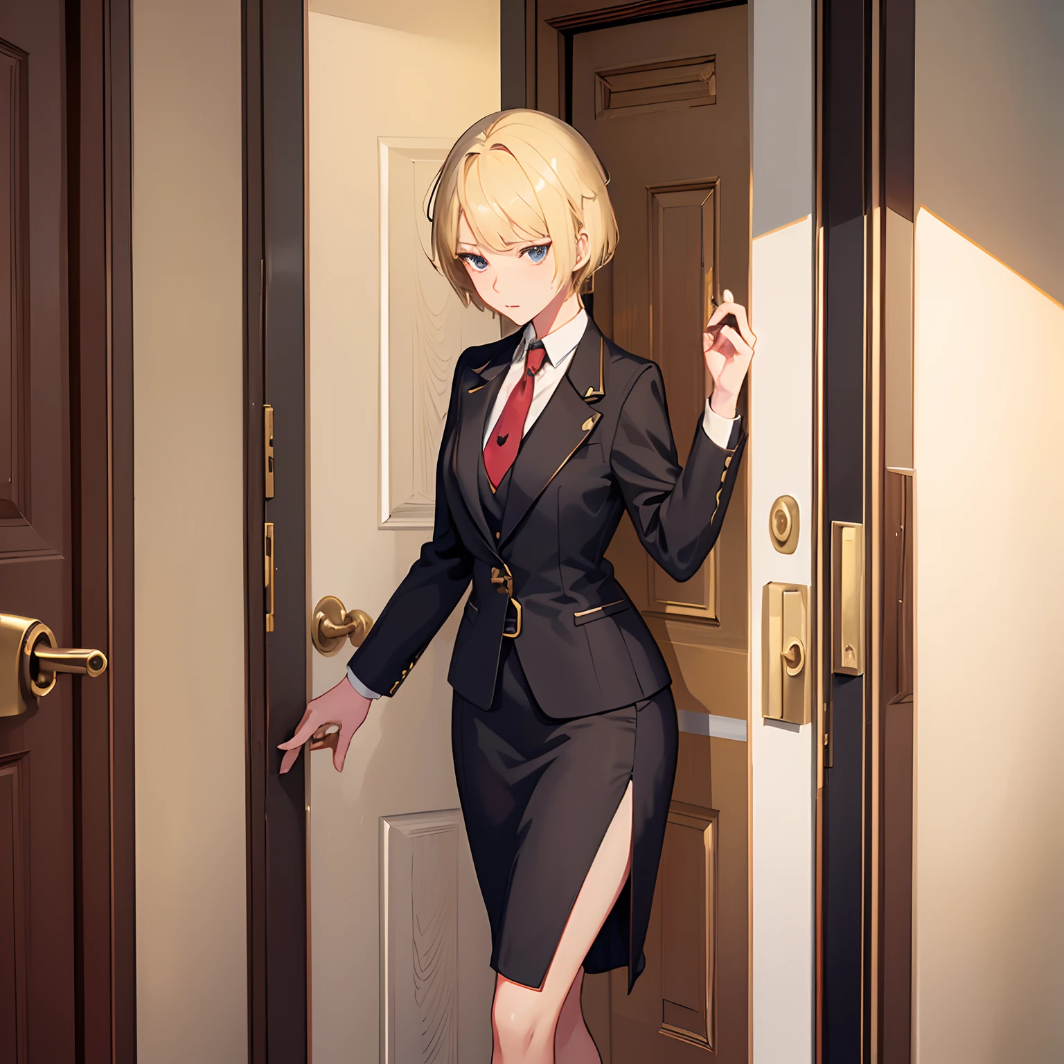 1girll，(short blonde hair:1.6)，Business suit，Skirt that wraps hips，black short socks，Mature and beautiful and sexy，Rich and noble families，In the corridor of the villa，(Knocking on the door:2)，facing away from the audience，seductive, Ultra-detailed CG，Exquisite facial features，Clear facial expressions，Detailed digital anime art，Digital anime art，High quality anime art style