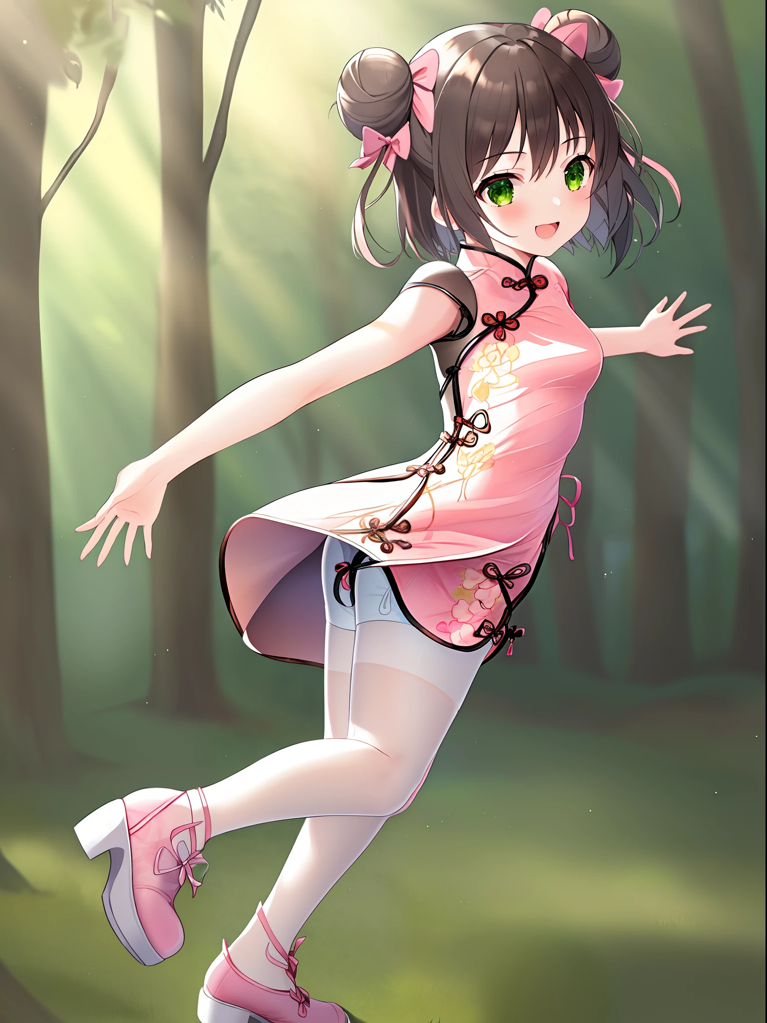 1 girl, solo, masterpiece, highres, ultra details, CG quality, cute li, full body, (from side:1.2), black hair, green eyes, high quality eyes, high quality hands, (twin buns:1.3), (hair bows:1.3), (short hair:1.6), (pink short cheongsam:1.6), no sleeves, small breast, silver bangle, white pantyhose, (pink embroidered cloth shoes:1.3), bows on shoes, standing, delighted, spreading arms, spinning on tiptoe, forest, high quality background, depth of field