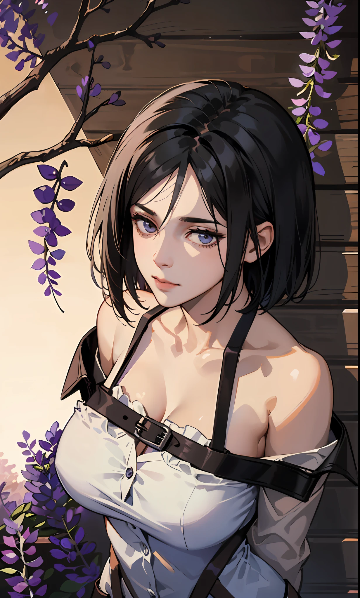 masterpiece, seductive face, good lighting, décolleté, huge breasts, small details, masterpiece, glowing eyes, 1girl, short black hair, gag, Mikasa Ackerman , wisteria background, masterpiece, best quality, POV, whole body, wide hips,