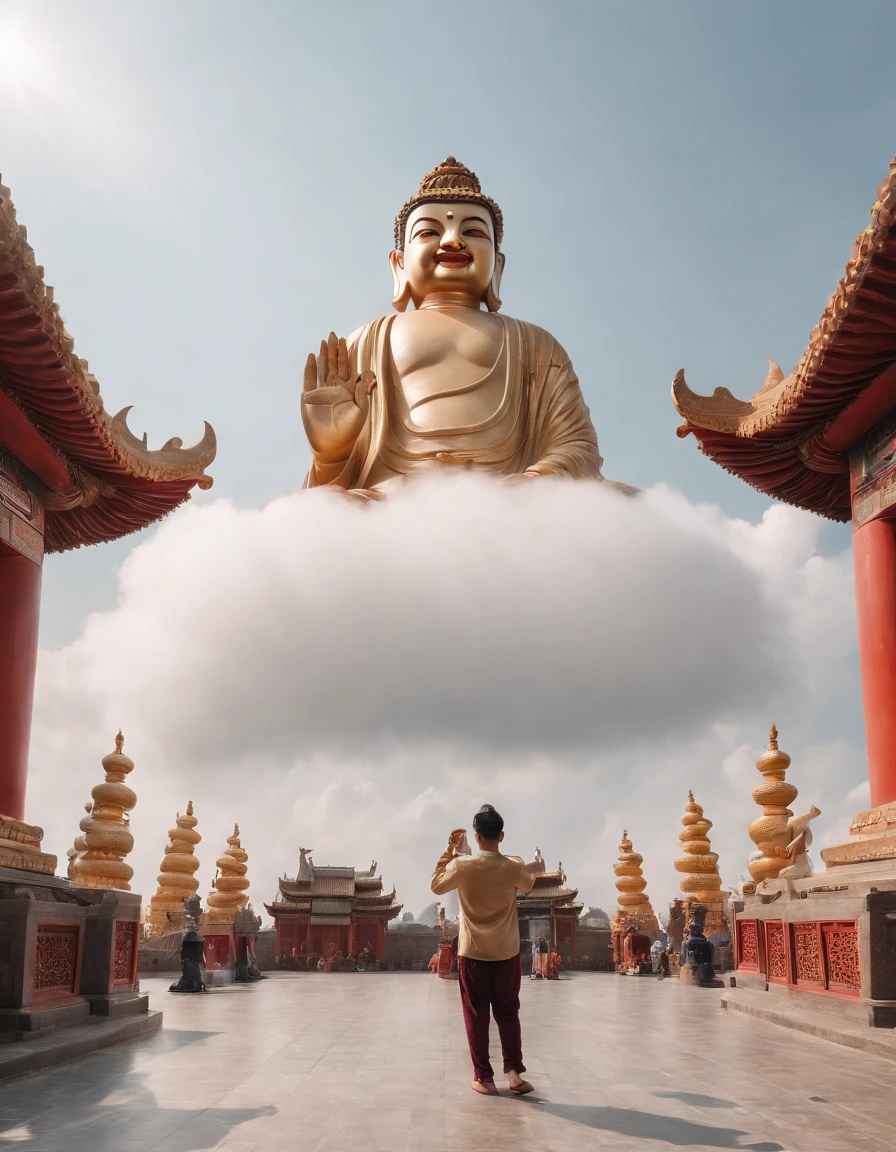 ((masutepiece))，(Best Quality))，china style，In the sky, The clouds form a huge transparent and shining white jade Maitreya statue，Thick clouds，sun shining，Pilgrims on the road，Hyper-realistic，Ultra photo realsisim，Pink，8K，High Definition，high quarity，Works of masters，super-fine，（（（OC Renderer）））