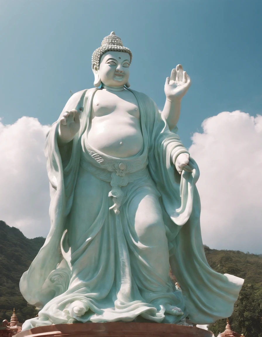 ((masutepiece))，(Best Quality))，china style，In the sky, The clouds form a huge transparent and shining white jade Maitreya statue，Thick clouds，sun shining，Pilgrims on the road，Hyper-realistic，Ultra photo realsisim，Pink，8K，High Definition，high quarity，Works of masters，super-fine，（（（OC Renderer）））