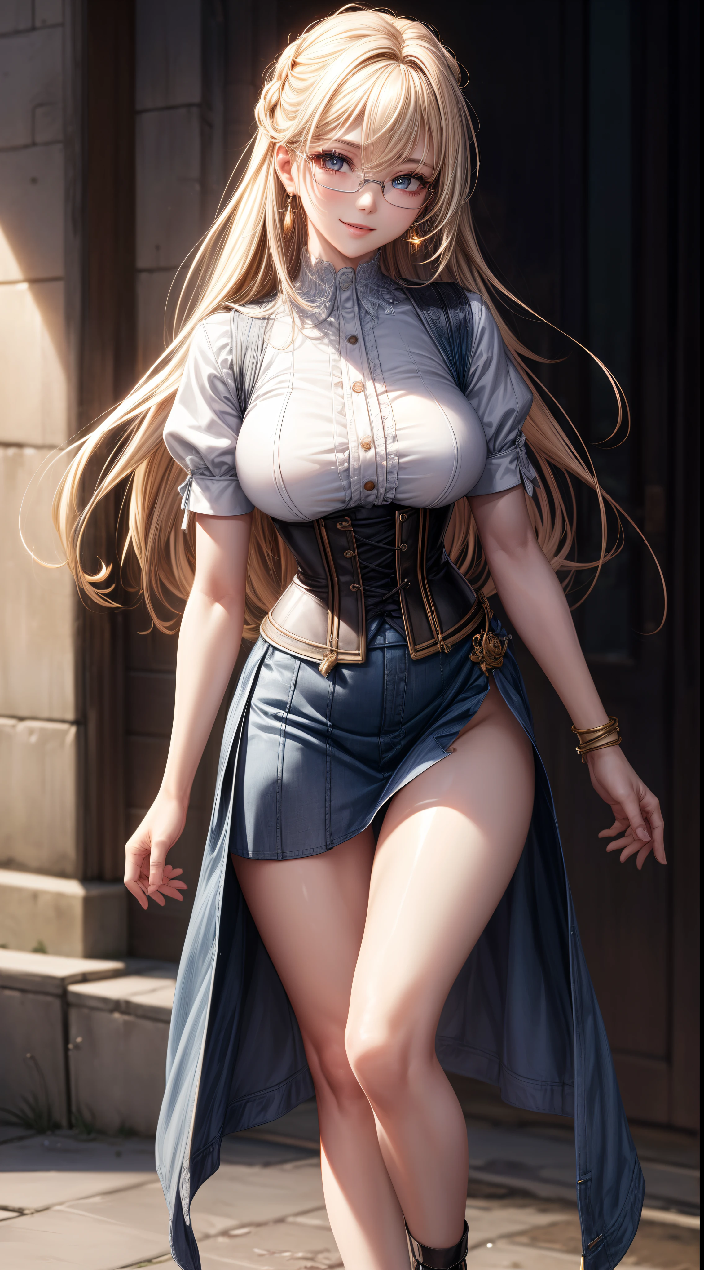 8K, masutepiece, Raw photo, Best Quality, Photorealistic, Highly detailed CG Unity 8k wallpaper, depth of fields, Cinematic Light, Lens Flare, Ray tracing, (Extremely beautiful face, Beautiful lips, Beautiful eyes), intricate detail face, ((Ultra detailed skin)) 1girl in, In the Dark, deepshadow, Pretty Korean girl, Kpop Idol, 1 girl, (Very slim and slender fit muscular body:1.3), ((Looking at Viewer)),(Big smile:1.3), (Blurred background),(No people in the background:1.3), Beautiful earrings, Bracelets, Clear eyes, Walking, (pale skin), (Big eyes), Face forward, (Golden bristles), (Full body shot), , ((blue high waist skirt)), , (Looking at Viewer:1.3) opened breast, Very slim, medium breasts, ass forcus, Before the eyebrows, thick thighs((whiteshirt:1.3)), (double-breasted,Underbust:1.2), Short sleeves, buttonGap,Frameless glasses,Corset Belt,Beautiful shortcuts,a blond,